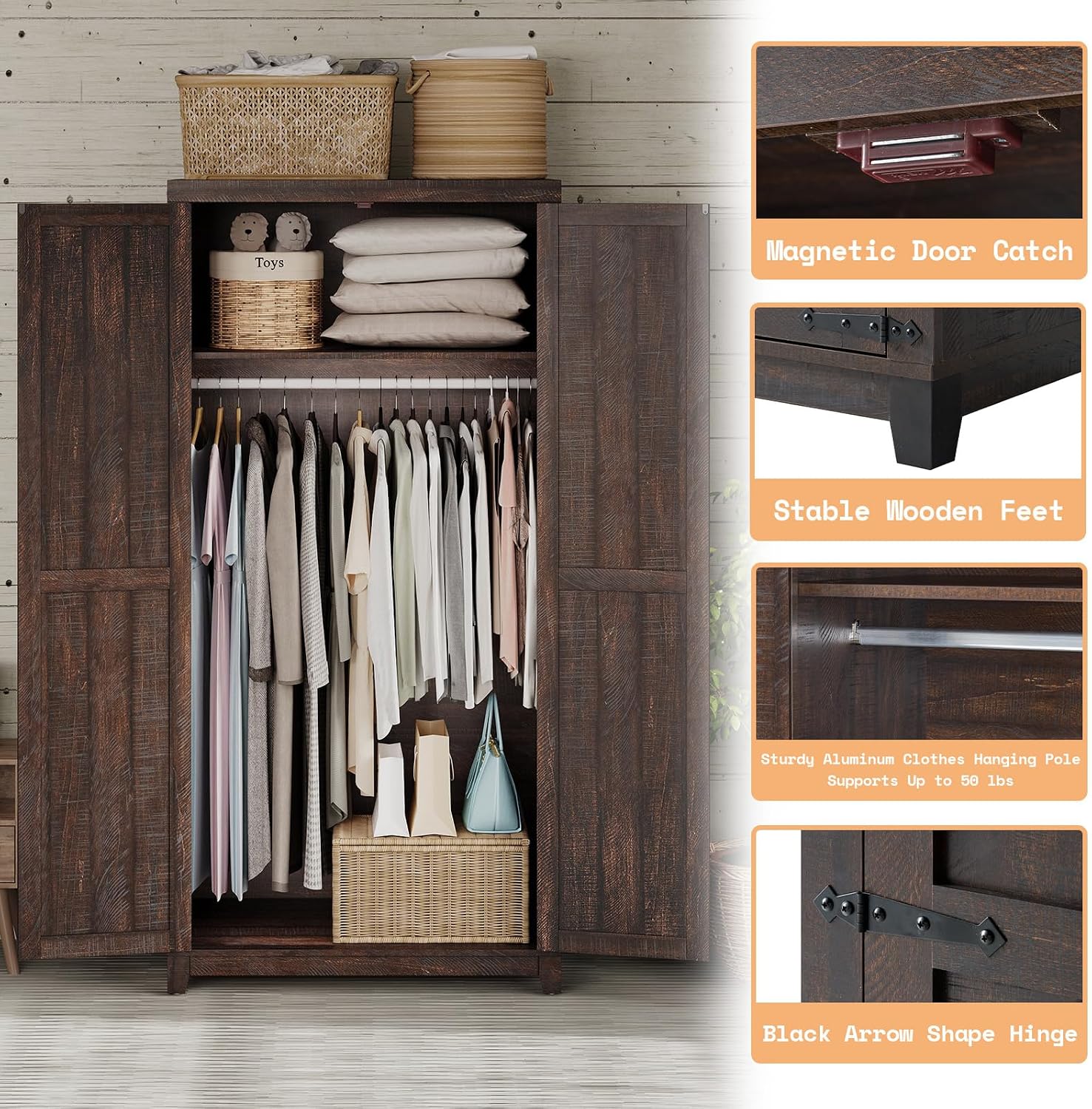 AMERLIFE Farmhouse Armoire Wardrobe Closet with 2 Barn Doors, 71'' Storage Cabinet with Hanging Rod & Shelf, Versatile Clothing Storage for Bedroom, Espresso