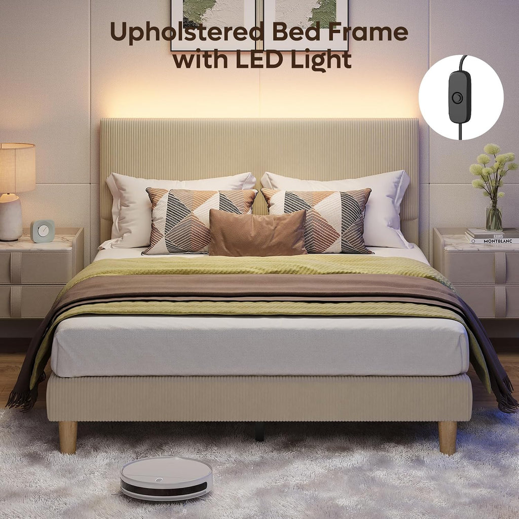 Bestier Queen Bed Frame with Adjustable Headboard, LED Lighting, Vertical Channel Tufted Corduroy Upholstered, Solid Wooden Slats Support, No Box Spring Needed, Never Squeaks, Easy Assembly, Taupe
