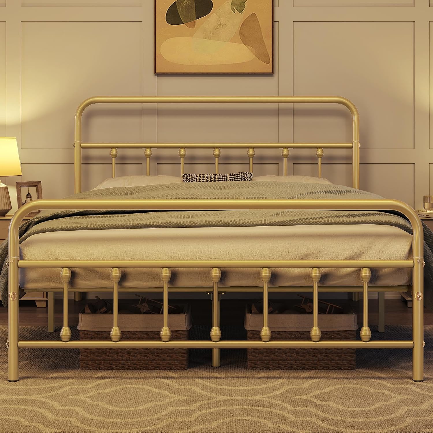 Topeakmart Full Size Victorian Style Metal Bed Frame with Headboard/Mattress Foundation/No Box Spring Needed/Under Bed Storage/Strong Slat Support Antique Gold