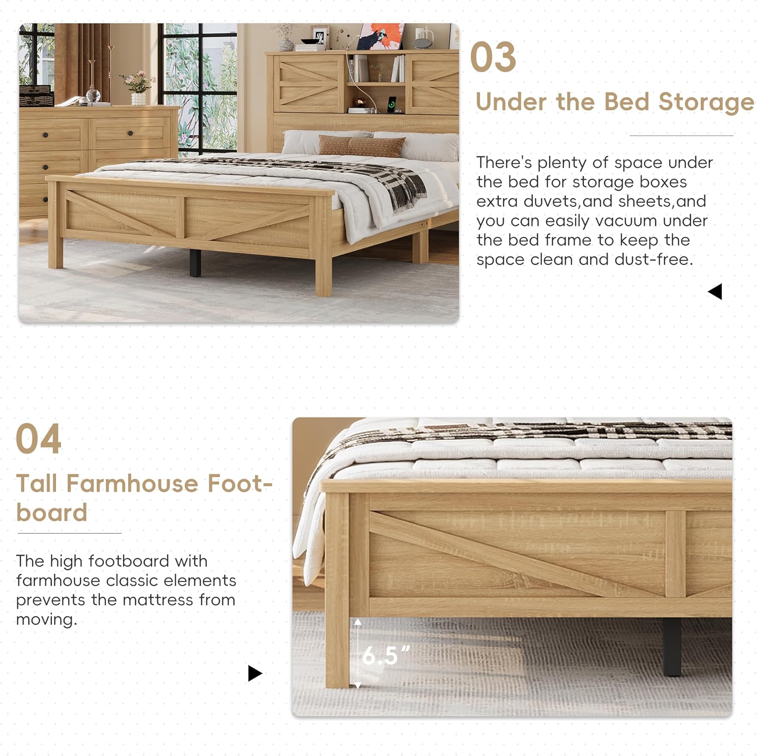 Farmhouse 3-Piece Full Size Bedroom Furniture Set, Platform Bed with Double Sliding Door Storage Headboard & Charging Station, Bed Frame with Storage Nightstand and Dresser (Natural, Queen) | 3-Piece