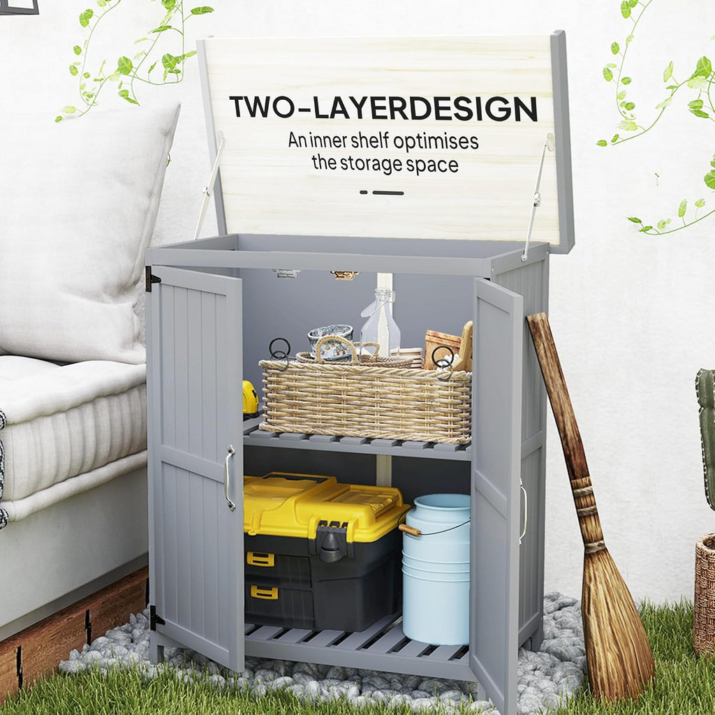 Garden Potting Workstation–2-Door Storage Cabinet,Gray | Weatherproof Metal|Side Hooks|All-Weather Fir Wood|220LBS Tabletop|Outdoor Patio,Garden,Garage