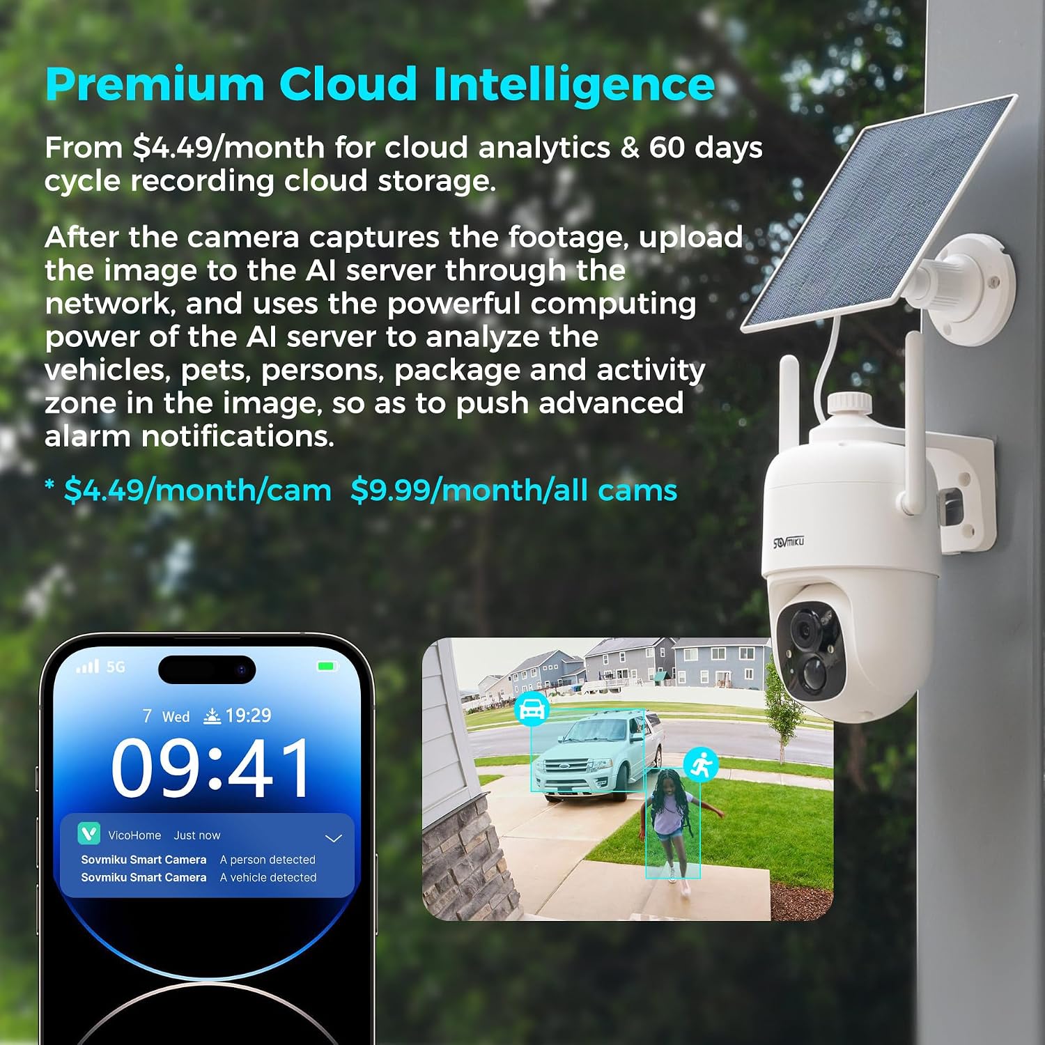 SOVMIKU Vicohome AI 2K Solar Security Camera Wireless Outdoor & Doorbell, Two Way Audio,Motion Detection, 360° View,Easy to Setup,Color Night Vision,Audible Flashlight Siren