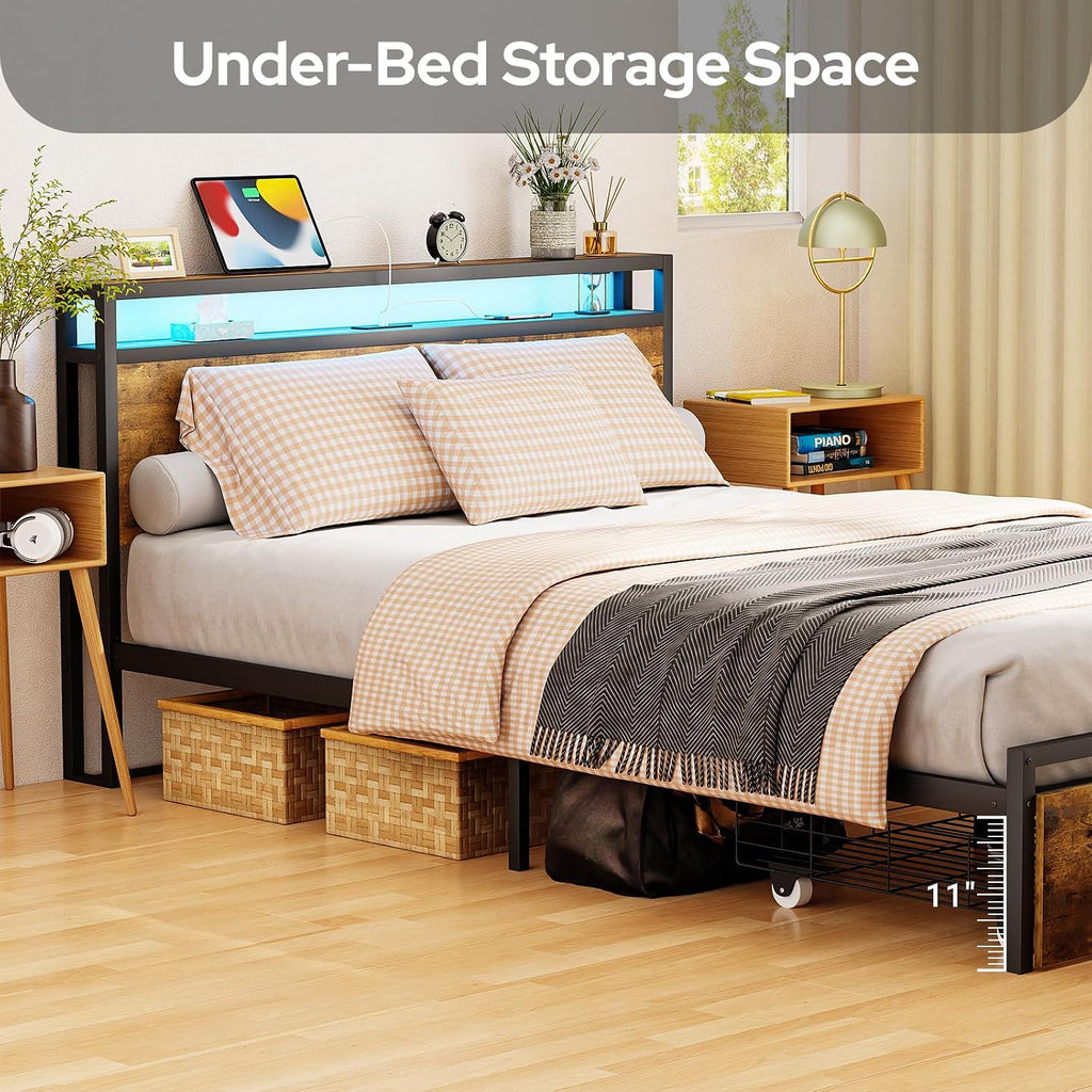 Zevemomo Queen Bed Frame with Drawers, LED Queen Bed Frame with Headboard, Charging Station with 3 USB Ports & 1 Type-C Port, No Noise, Rustic Brown
