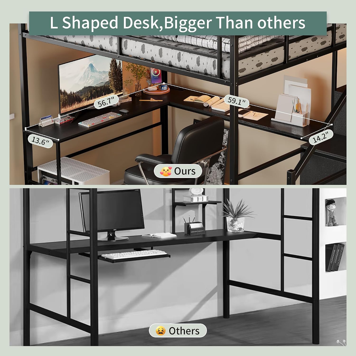Full Size Loft Bed with L-Shaped Desk and Built-in Storage Shelves & Wardrob, Convertible Stairs, Metal Loft Bed Frame with LED Light & Charging Station, for Teens/Adults (Black)