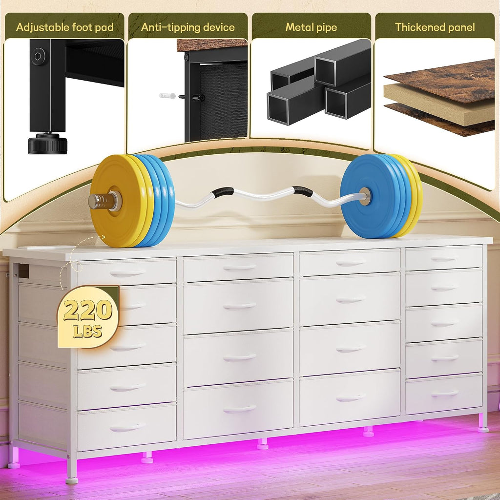63'W TV Stand for Bedroom with LED Light & Power Outlets, Long White Dresser for Bedroom with 18 Deep Drawers for 65 70 75 inch TV, Fabric Dresser TV Stands for Living Room Entryway Hallway Closet