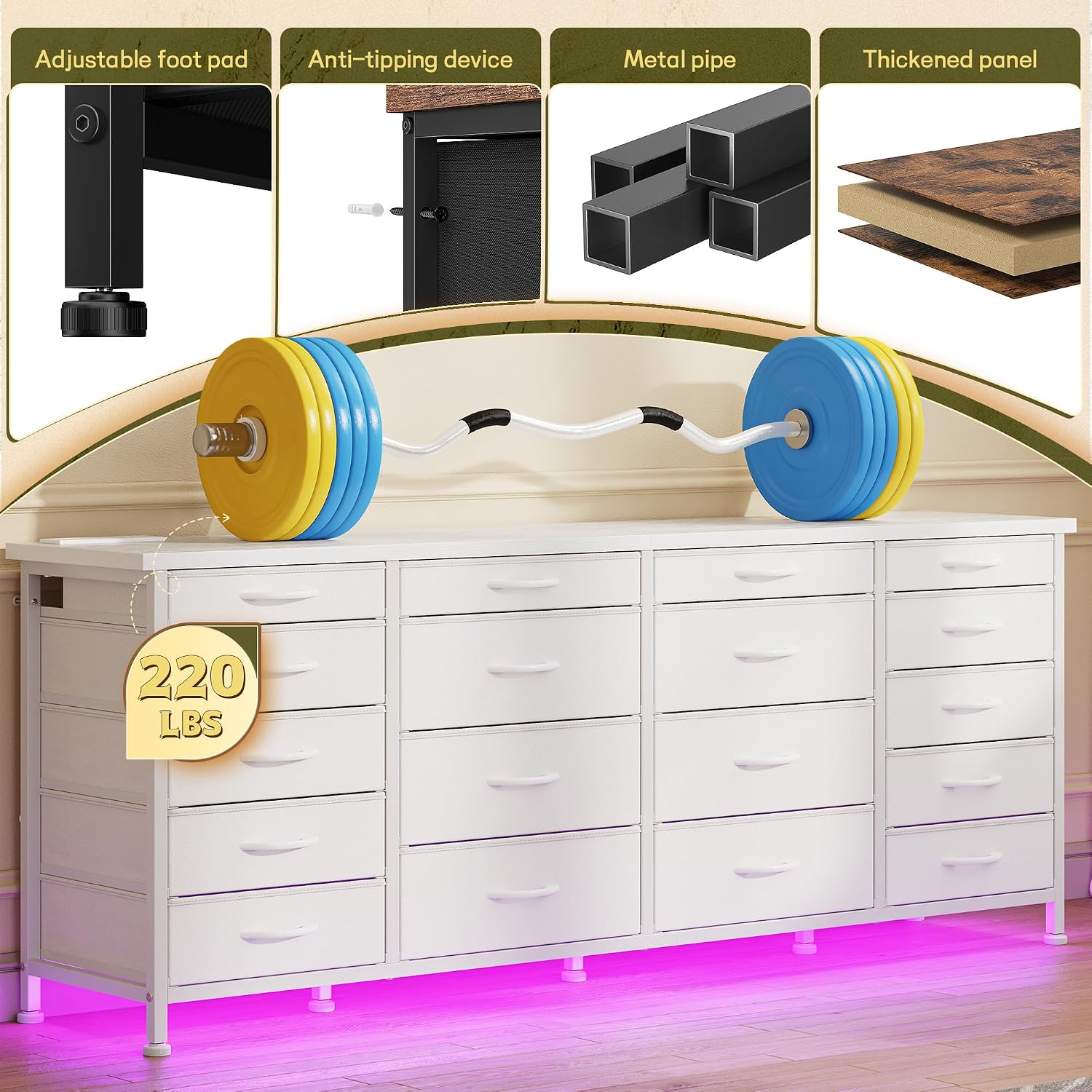 63'W TV Stand for Bedroom with LED Light & Power Outlets, Long White Dresser for Bedroom with 18 Deep Drawers for 65 70 75 inch TV, Fabric Dresser TV Stands for Living Room Entryway Hallway Closet