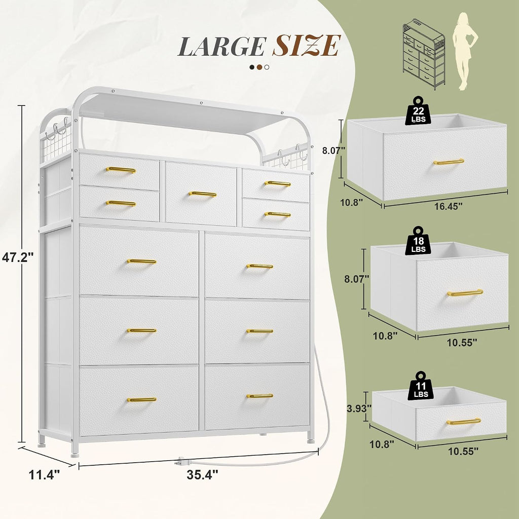EnHomee 47' H Dressers & Chests of Drawers with LED Lights & Charging Station, Dresser for Bedroom with 11 Fabric Drawers & 4 Hooks & Open Shelves, Entryway, Hallway, Dorm White