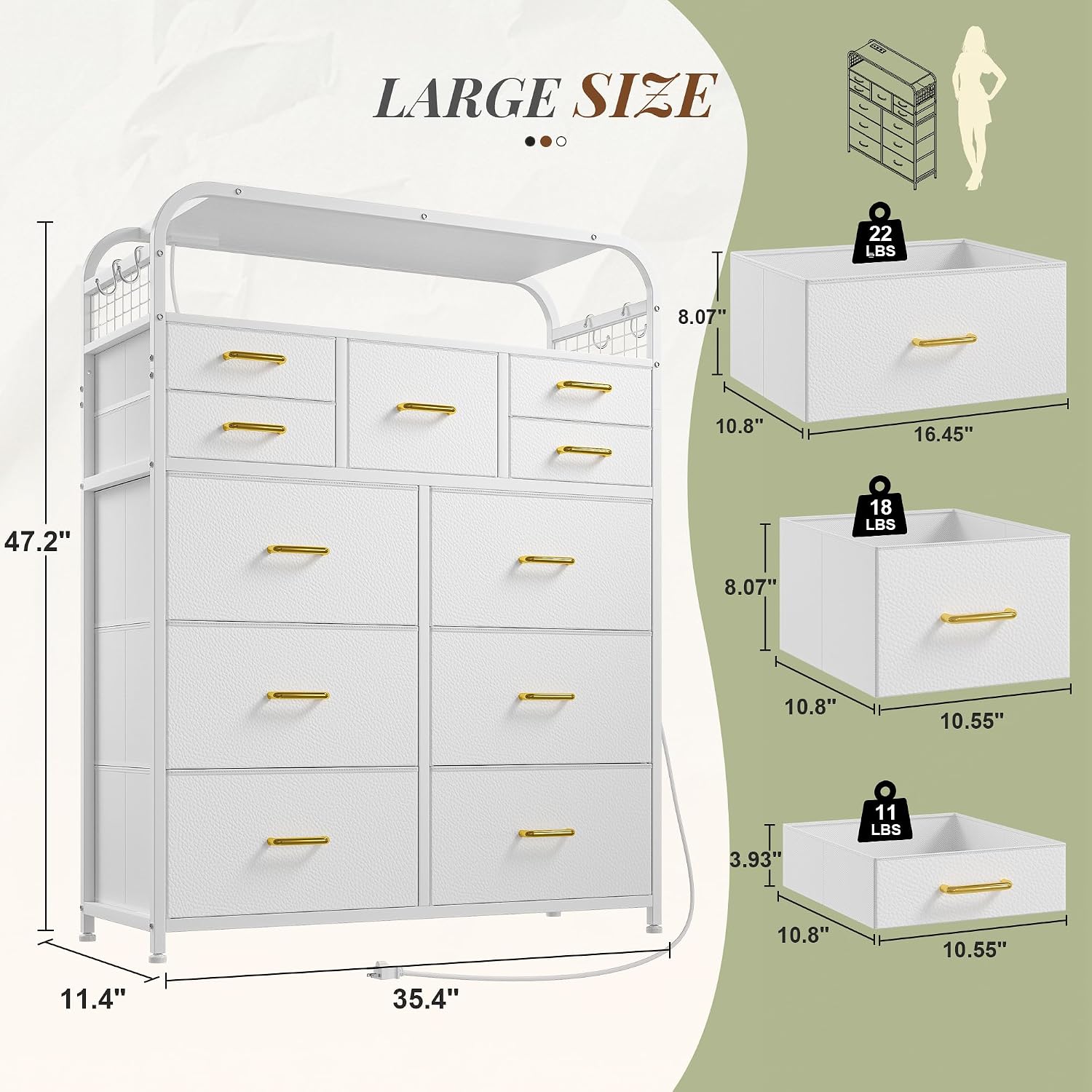 EnHomee 47' H Dressers & Chests of Drawers with LED Lights & Charging Station, Dresser for Bedroom with 11 Fabric Drawers & 4 Hooks & Open Shelves, Entryway, Hallway, Dorm White