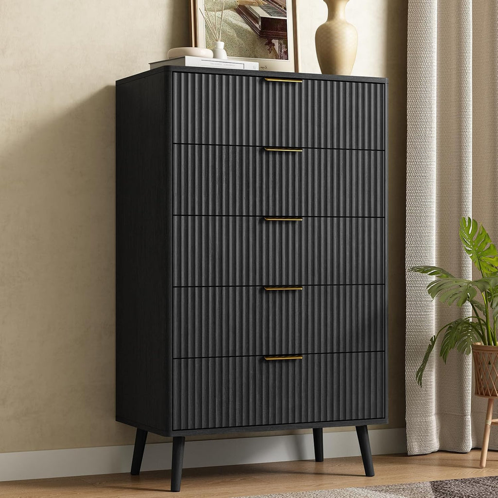 CARPETNAL Fluted 5 Drawers Dresser for Bedroom, 45' Tall Wooden Chest of Drawers with Rounded Corners, Gold Handles, Modern Storage Organizer for Bedroom, Hallway (Black)