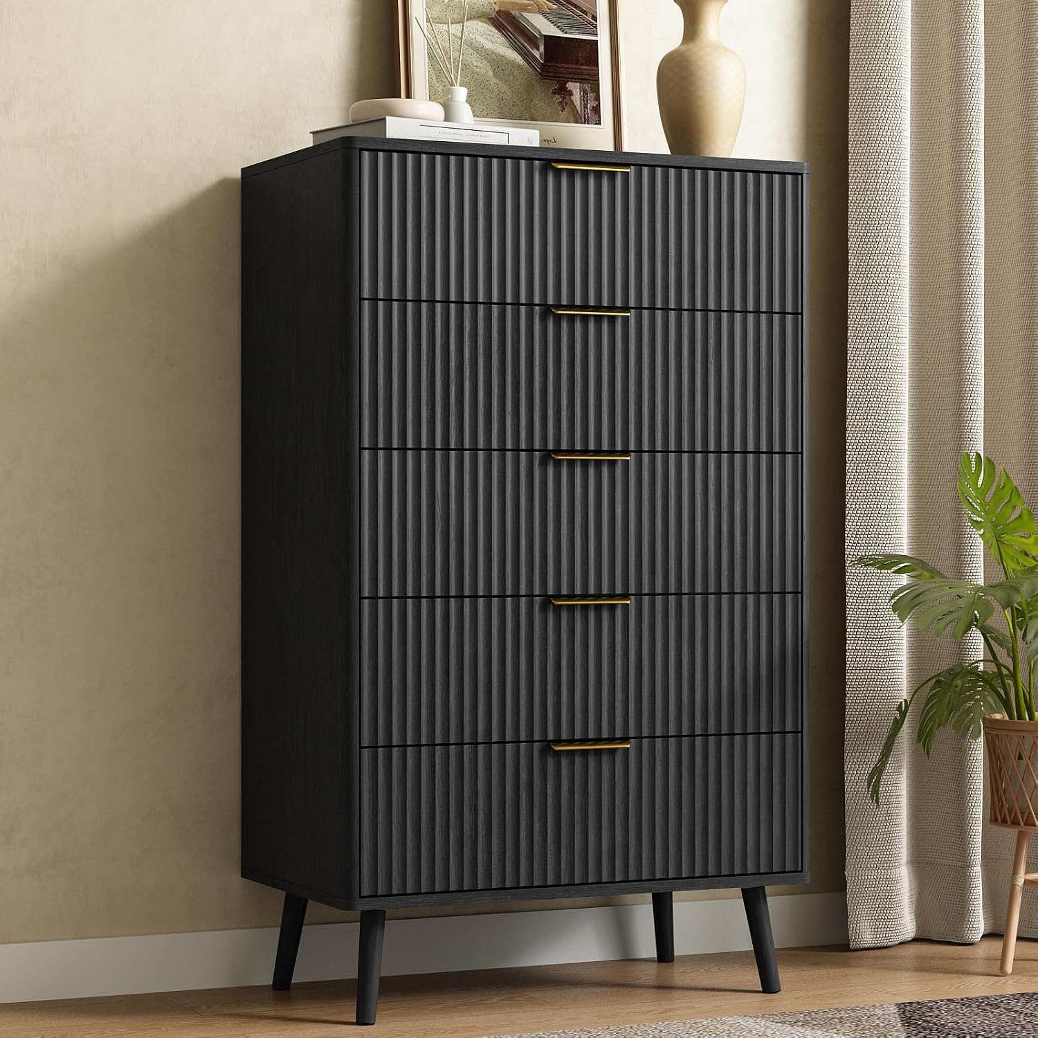 CARPETNAL Fluted 5 Drawers Dresser for Bedroom, 45' Tall Wooden Chest of Drawers with Rounded Corners, Gold Handles, Modern Storage Organizer for Bedroom, Hallway (Black)