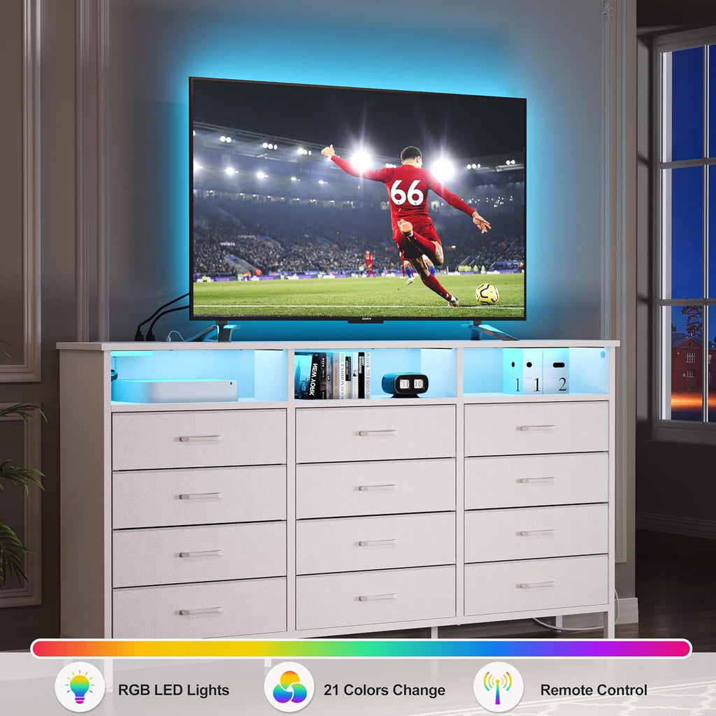 Dresser for Bedroom White Bedroom Dresser with LED Lights and Charging Station, 12 Long Fabric Drawers Dressers, Vertical Chest of Drawers Storage Organizer TV Stand for up to 65' TV for Living Room