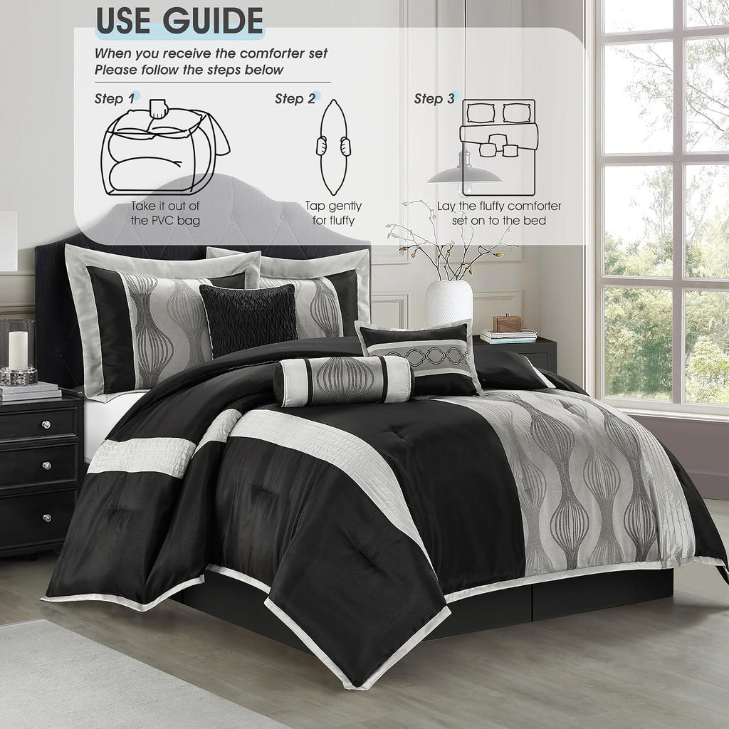 LANCO MODERN LIFESTYLE Queen Comforter Set, Black Silver, 7 Pieces Bed in a Bag, Soft Jacquard with Solid Piecework, Luxury Bed Set with Comforters, Bed Skirt, Pillow Shams and Decorative Pillows