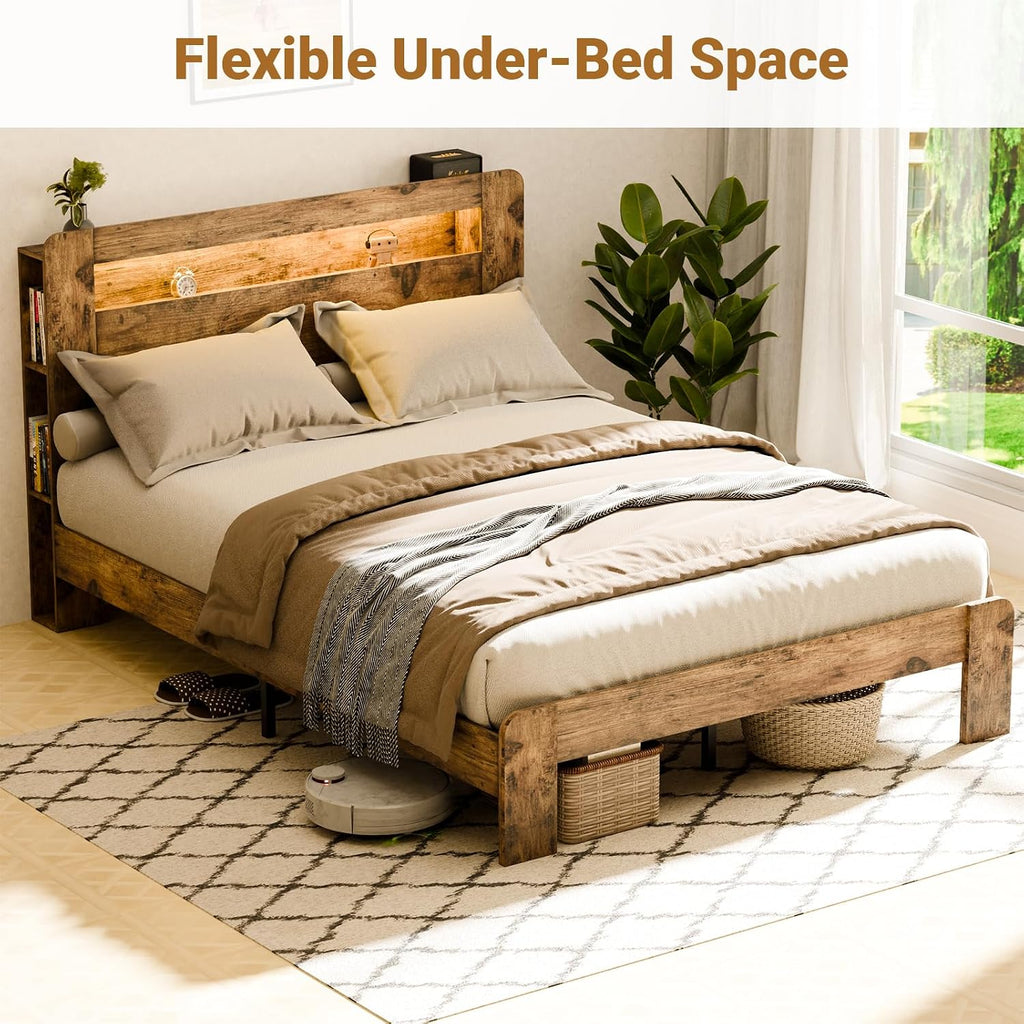 Zevemomo Wood Bed Frame King with Headboard, LED Light, Charging Station with 2 USB Ports & 2 AC Outlets, Sturdy Wood Framework, No Noise, Dark Brown (Rectangular Slot)