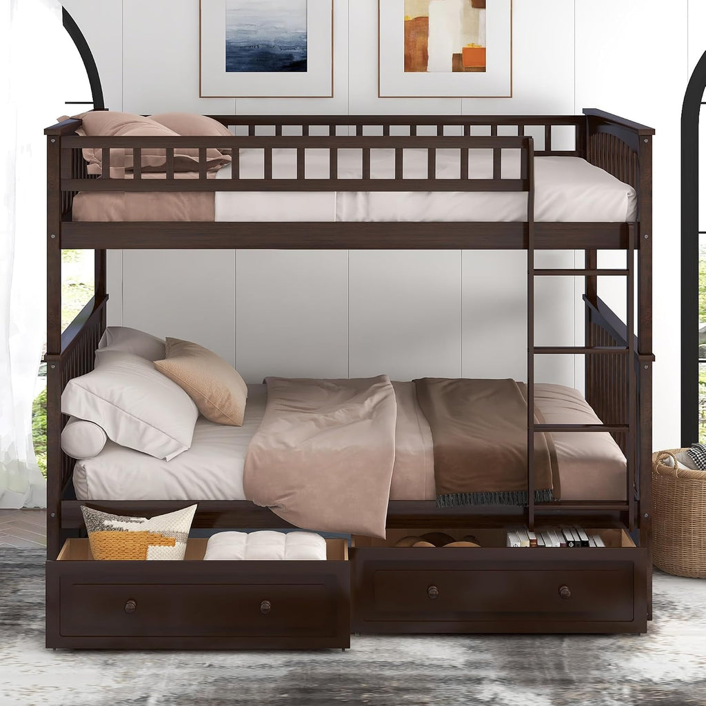 Harper & Bright Designs Full Over Full Wood Bunk Bed with Two Storage Drawers and Ladder, Convertible Storage Bunk Bed Can Be Divided Into Two Full Size Daybeds, Espresso
