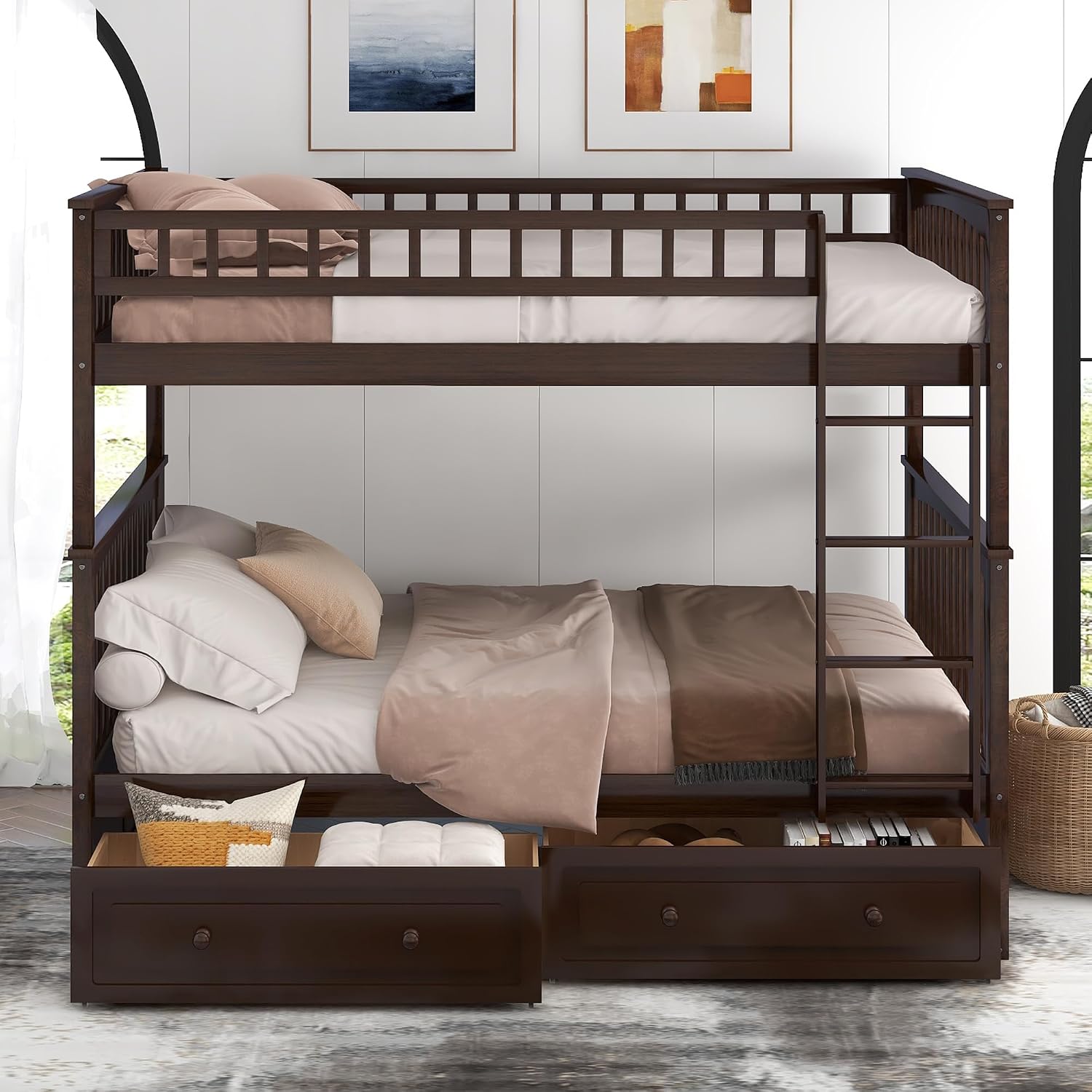 Harper & Bright Designs Full Over Full Wood Bunk Bed with Two Storage Drawers and Ladder, Convertible Storage Bunk Bed Can Be Divided Into Two Full Size Daybeds, Espresso