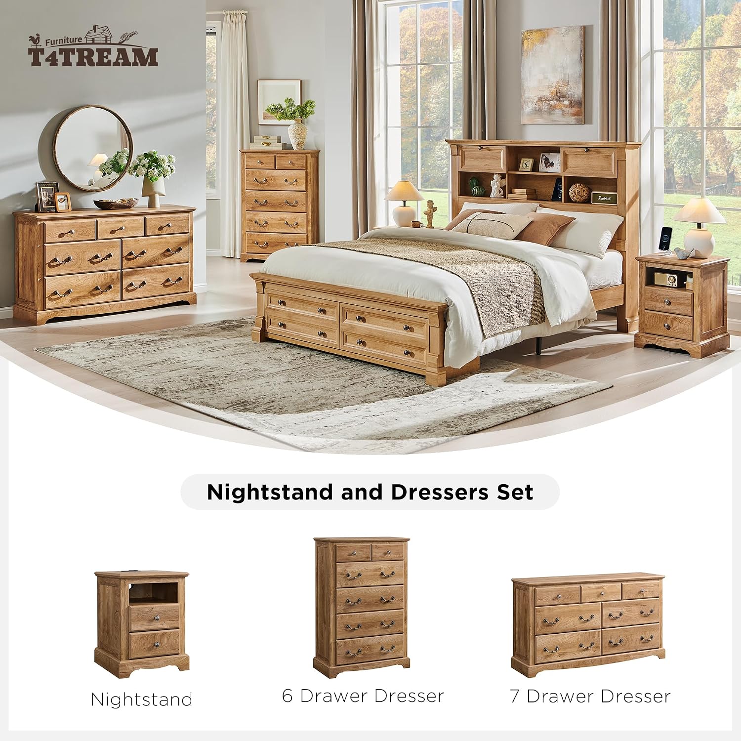 T4TREAM 48' Tall 6 Drawers Dresser Chests for Bedroom, Rustic Chset of Drawers, Wood Dressers Organizer for Bedroom, Living Room,Hallway, Light Knotty Oak