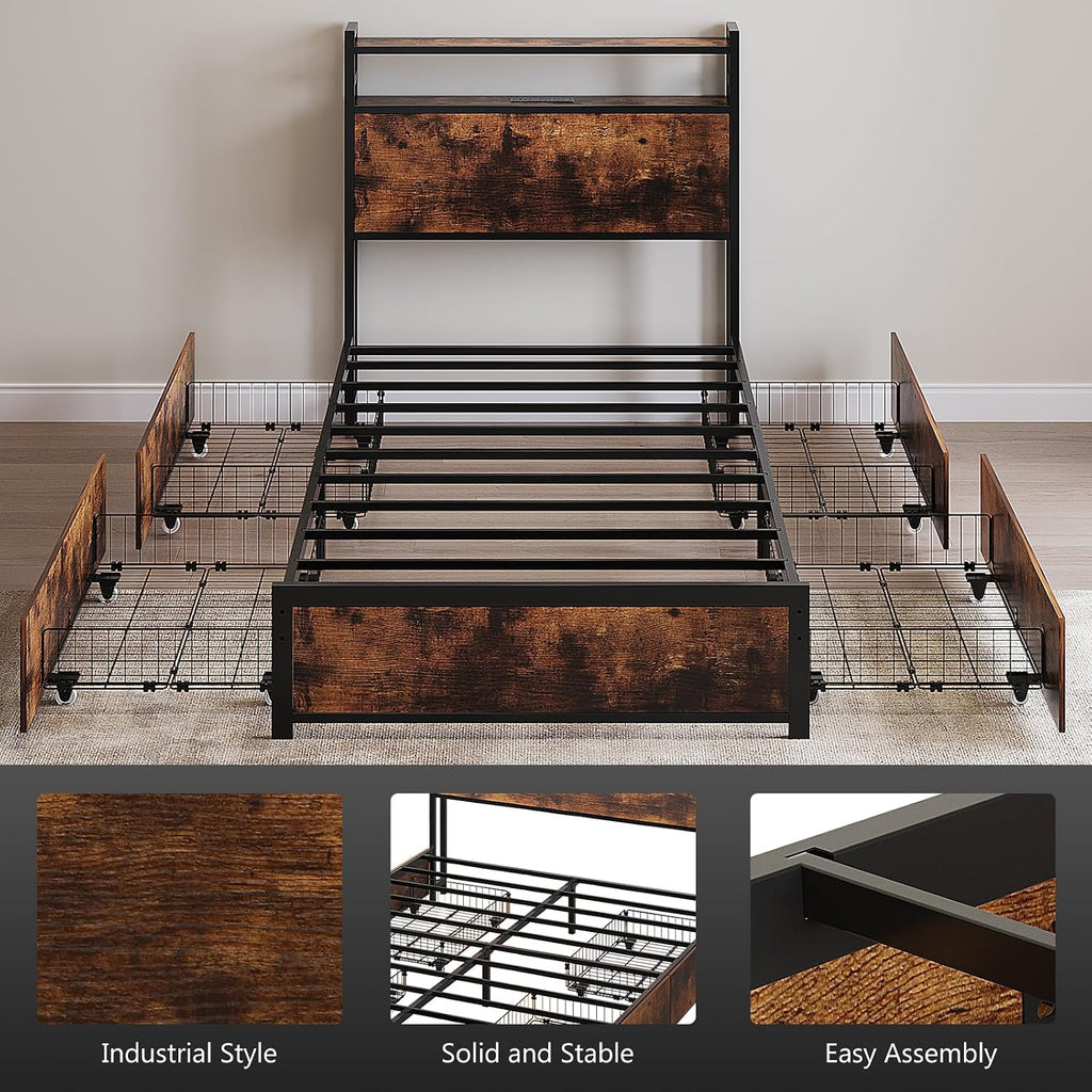 VINGLI Bed Frame Twin Size with 4 Storage Drawers and Storage Headboard, Metal Platform with Charging Station and LED Lights, No Box Spring Needed, Easy Assembly, Vintage Brown