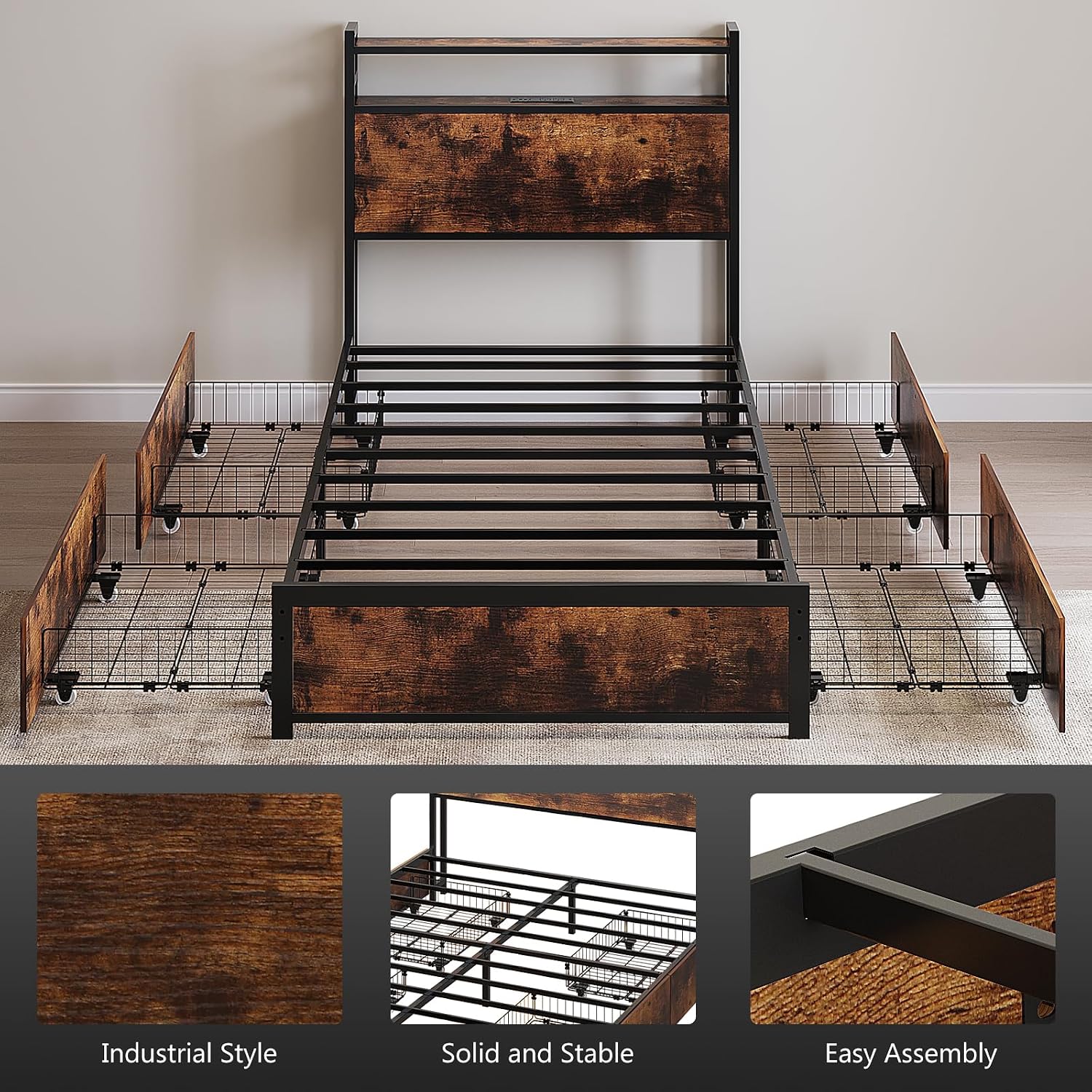 VINGLI Bed Frame Twin Size with 4 Storage Drawers and Storage Headboard, Metal Platform with Charging Station and LED Lights, No Box Spring Needed, Easy Assembly, Vintage Brown