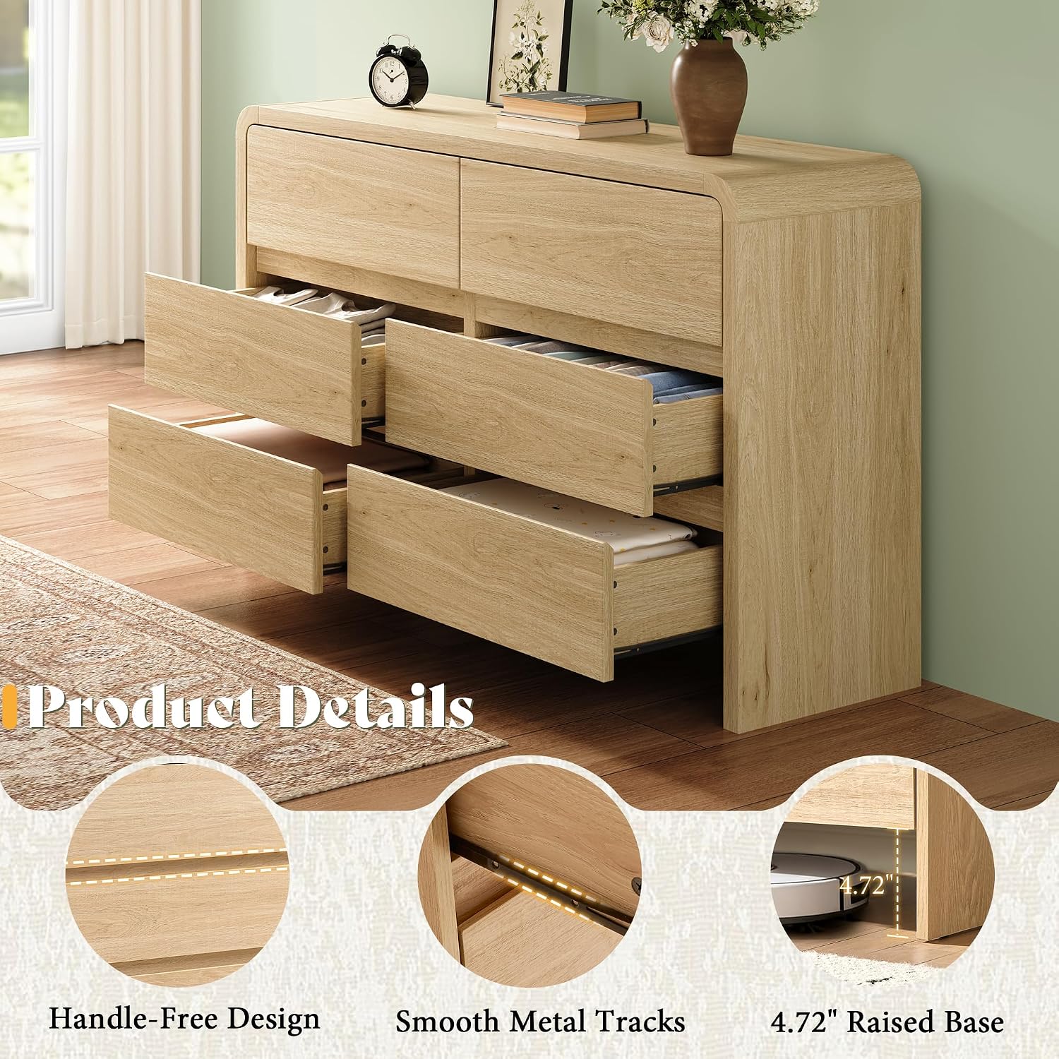 AMERLIFE 6 Drawer Dresser for Bedroom, 49' Wide Modern Storage Cabinet with Rounded Edges & Anti-Tip Kit, Wood Chest of Drawers for Closet, Hallway or Nursery, Easy Assembly, Light Oak Finish