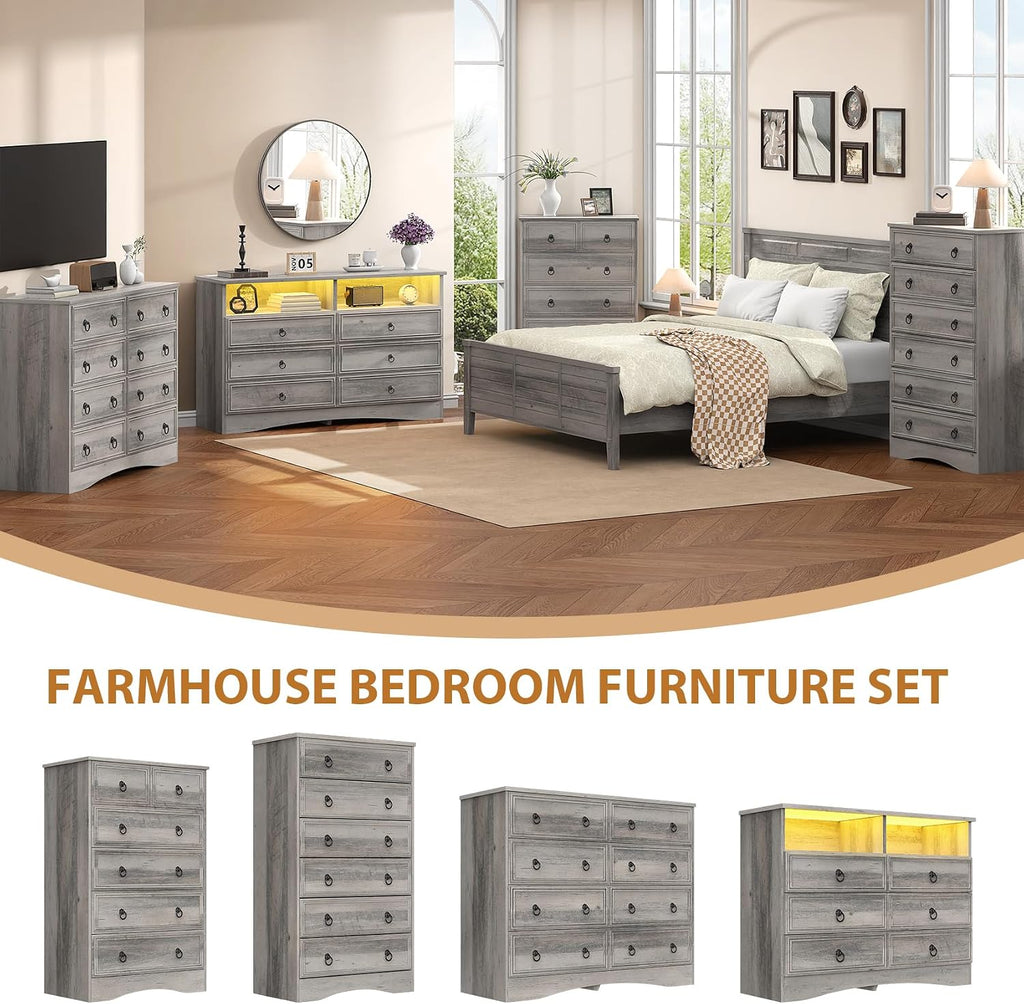 VVFLU Grey 6 Drawer Dresser for Bedroom with LED Lights and Charging Station, Wood 6 Chest Drawers, Large Storage for Clothes, for Living Room, Bedroom, Hallway, Taupe Grey