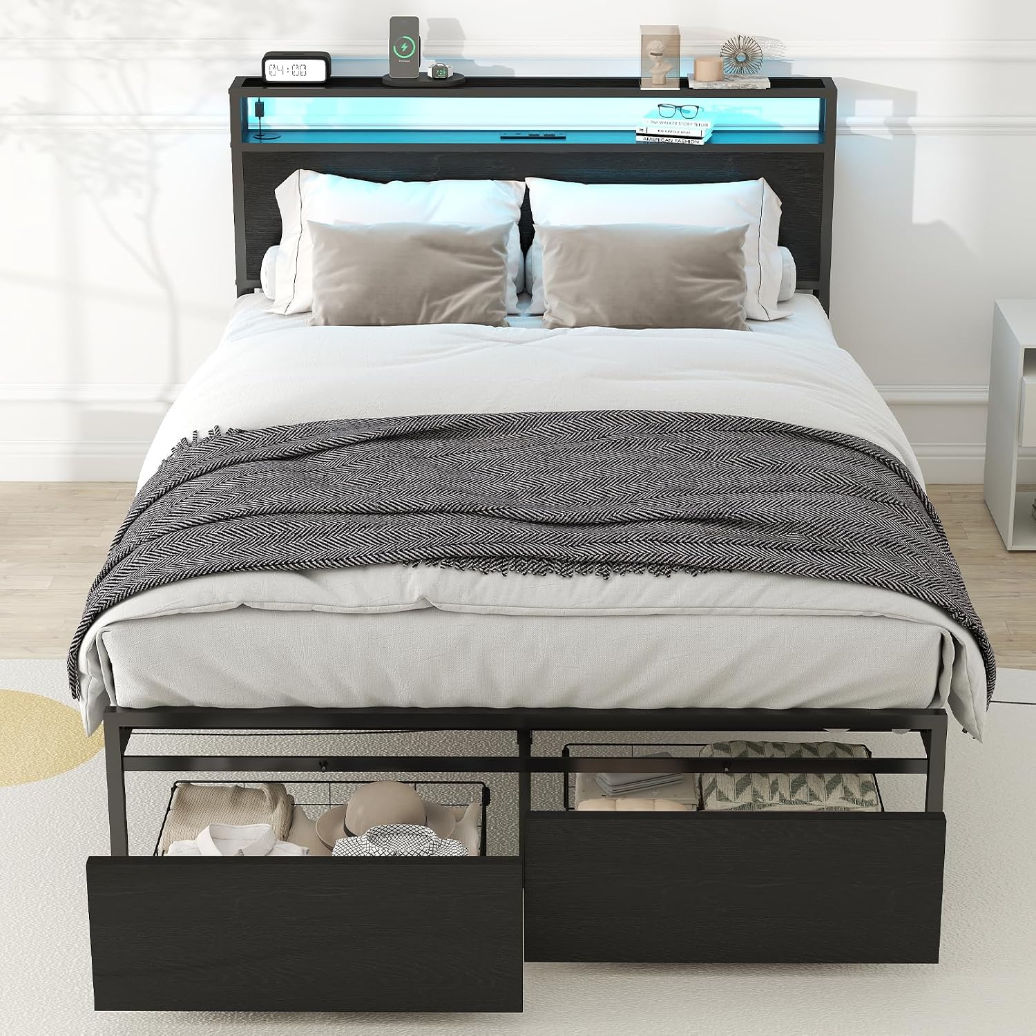 Zevemomo Full Bed Frame with 2 Storage Drawers, Bed Frame Full Size with Headboard, LED Light, Charging Station with 2 USB Ports & 2 AC Ports, Noiseless, Black