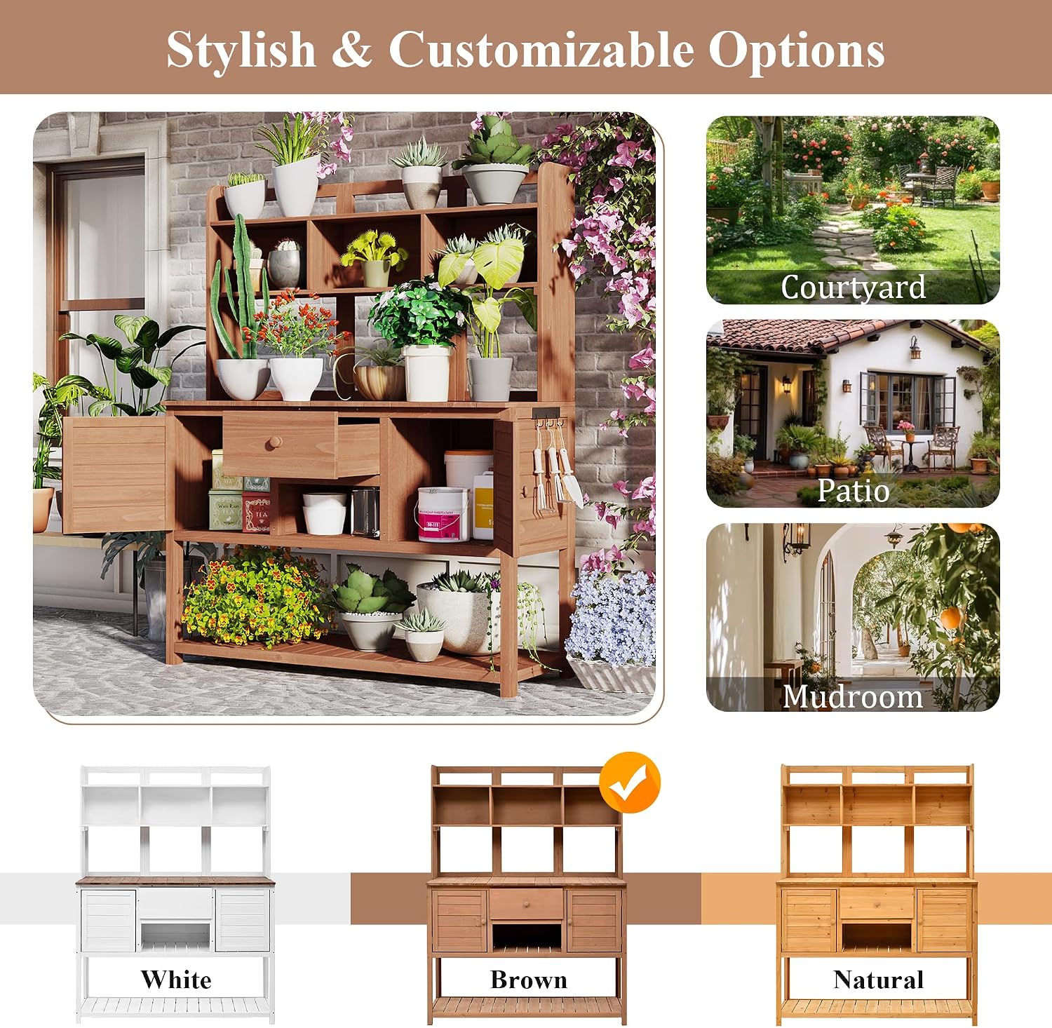 66' Wooden Potting Bench for Outdoor, Large Garden Potting Tables with Side Hooks, Storage Drawer & Adjustable Shelves, Garden Plant Work Bench Table for Backyard (Brown, 20' D X 50' W X 66' H)