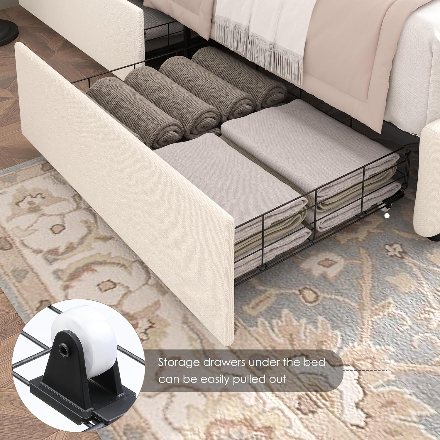 Keyluv Modern Upholstered Bed Frame with 4 Drawers, Button Tufted Headboard Design, Solid Wooden Slat Support, Easy Assembly, Fabric, Beige, Full Size