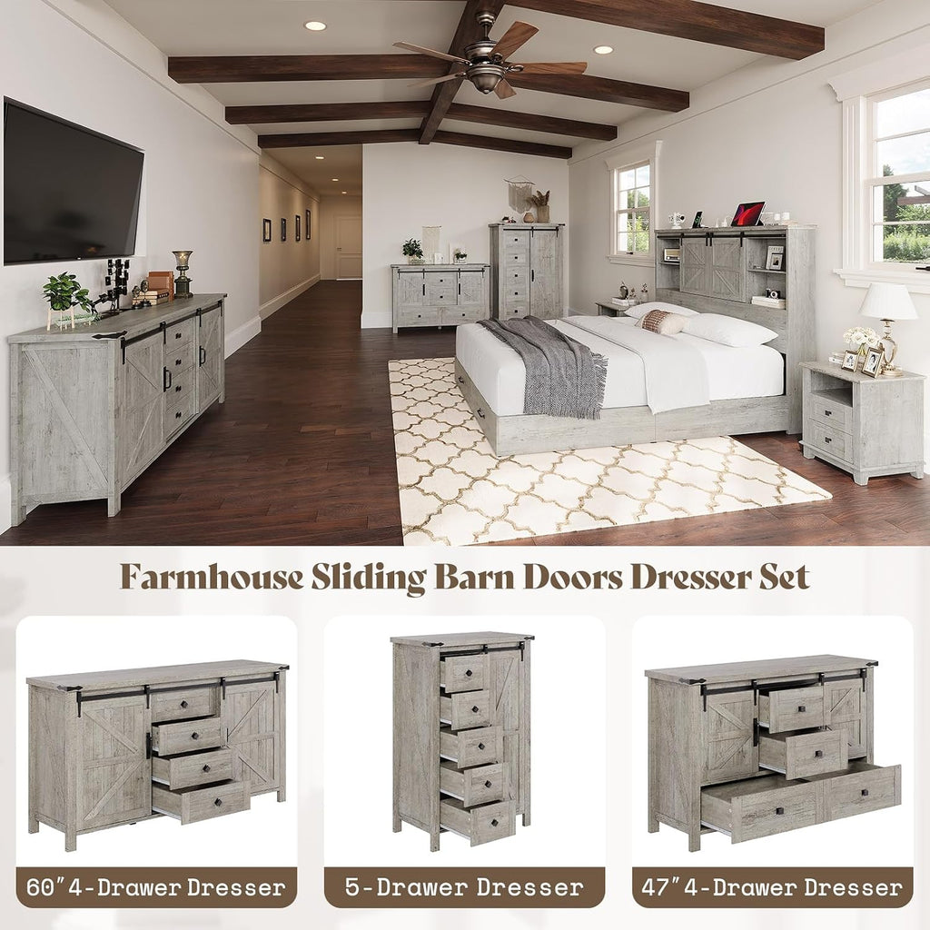 AMERLIFE 4 Pieces Farmhouse Bedroom Set, Includes Queen Size Bookcase Headboard Bed Frame, 5 Drawer Tall Dresser, 47'' Dresser with 4 Drawers, 60' Dresser with 4 Drawers, Light Rustic Oak