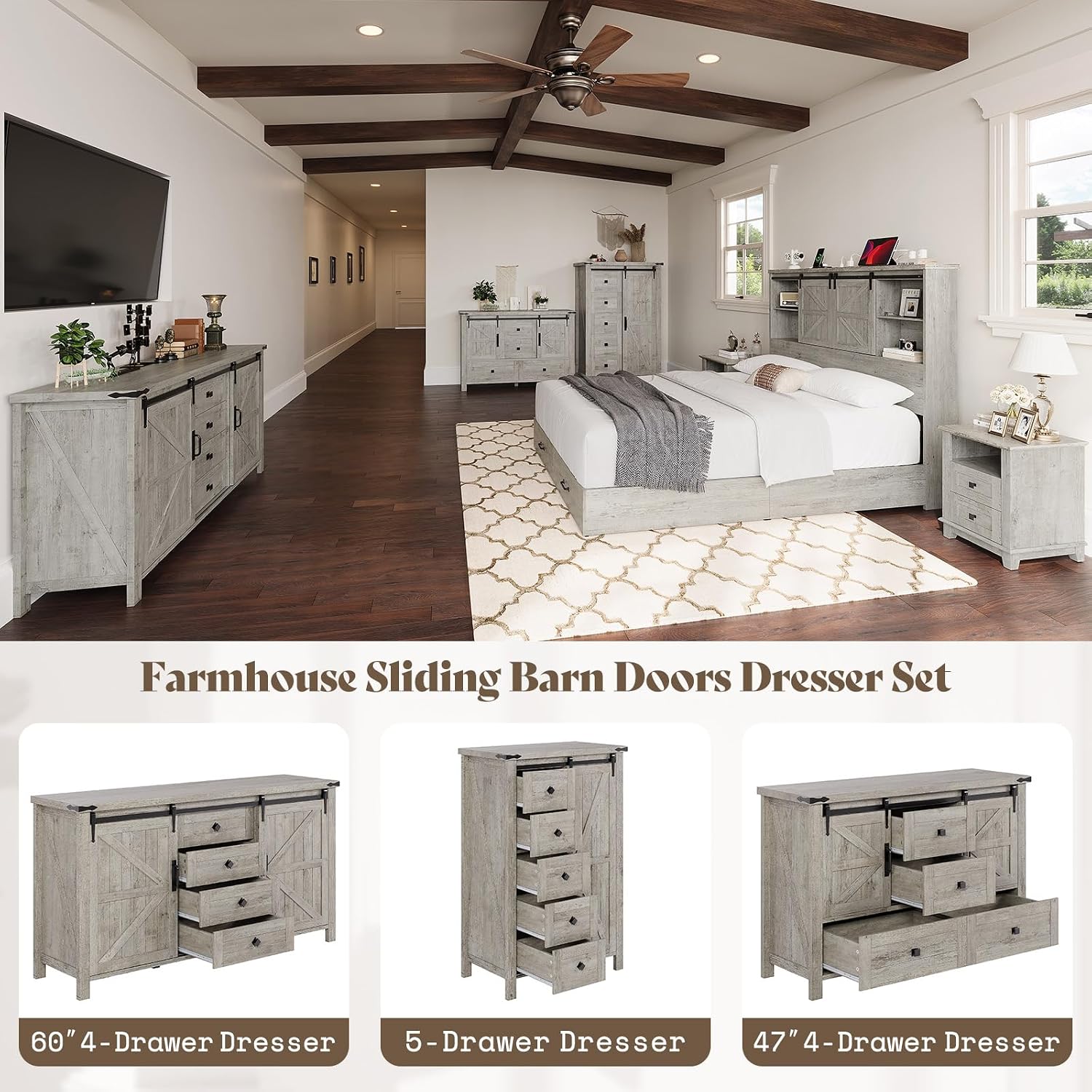 AMERLIFE 4 Pieces Farmhouse Bedroom Set, Includes Queen Size Bookcase Headboard Bed Frame, 5 Drawer Tall Dresser, 47'' Dresser with 4 Drawers, 60' Dresser with 4 Drawers, Light Rustic Oak