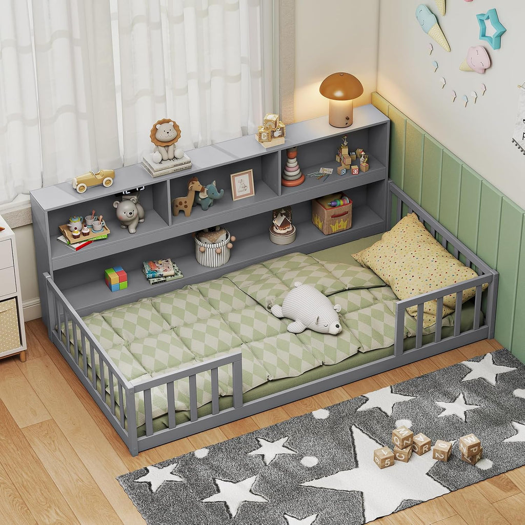 Giantex Twin Floor Bed for Kids, Wooden Montessori Bed Frame with Bookcase, Storage Shelves & Safety Fence Rails, Floor Beds Twin for Girls, Boys, No Box Spring Needed, Without Slats, Grey