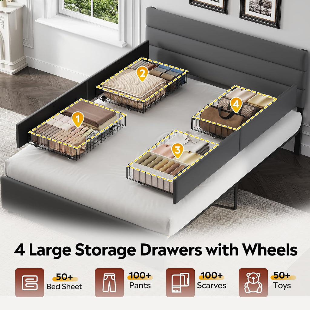WLIVE Queen Size Upholstered Bed Frame with 4 Storage Drawers and Headboard, Velvet Platform Bedframe, Sturdy Metal & Wooden Slats Support, No Box Spring Needed, Easy Assembly, Dark Grey
