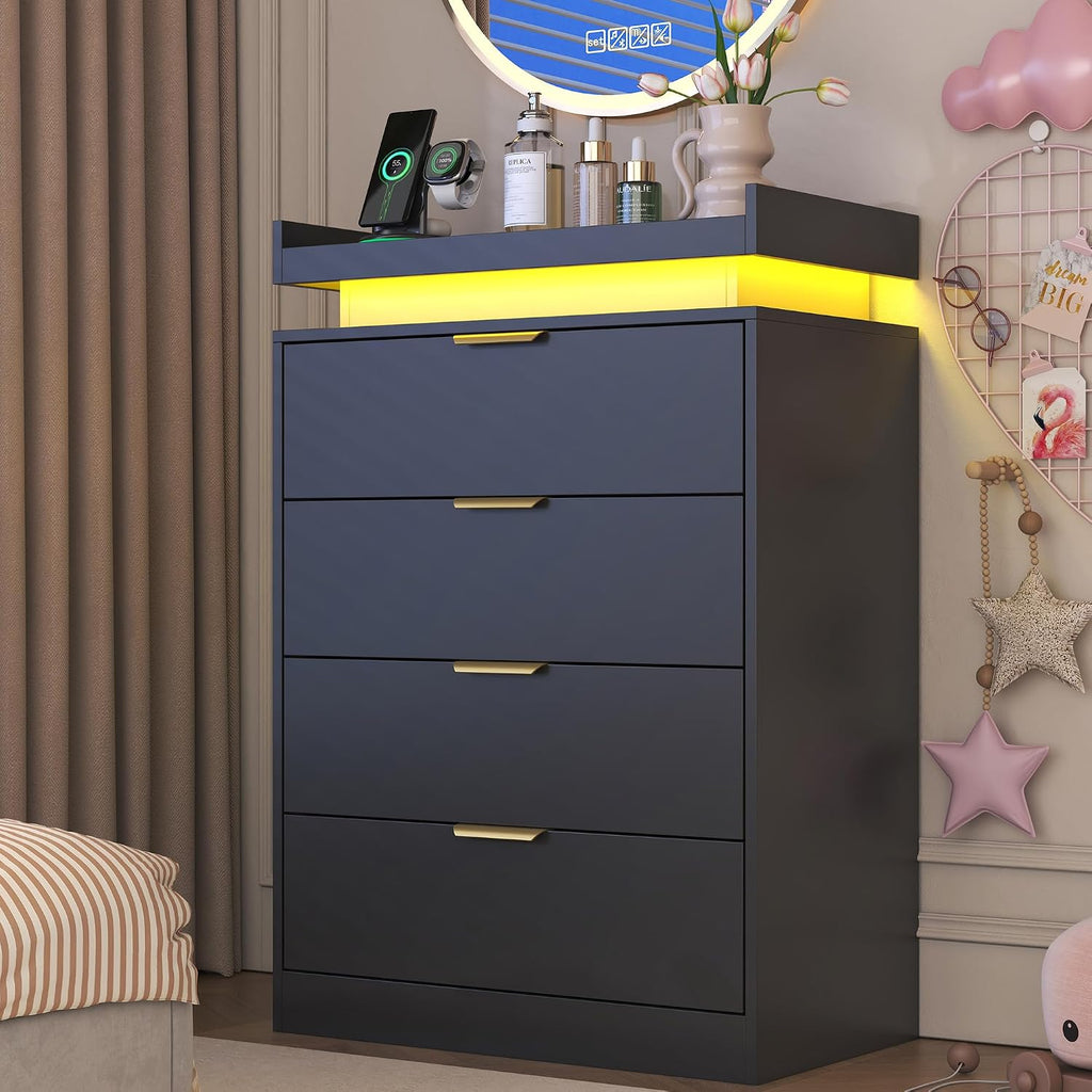 knoworld Black Dresser with LED Lights, Wooden LED Dresser, 4 Drawer Chest with Charging Station, Tall Chest of Drawer Closet Organizer for Bedroom, Living Room, Entryway, Hallway