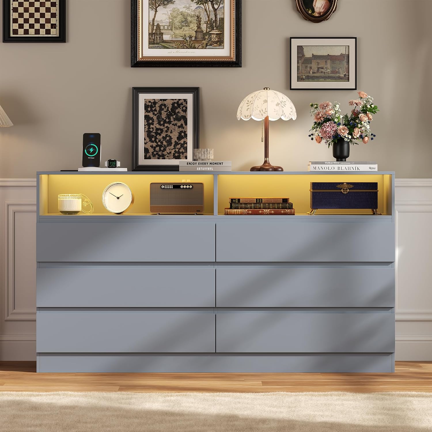 Gyfimoie 6 Drawer Dresser with Power Outlet, Modern Black Dresser Chest of Drawers with LED Ligh, Wooden Dressers TV Stand, Double Wide Dressers Organizer for Bedroom, Living Room, Entryway, Grey