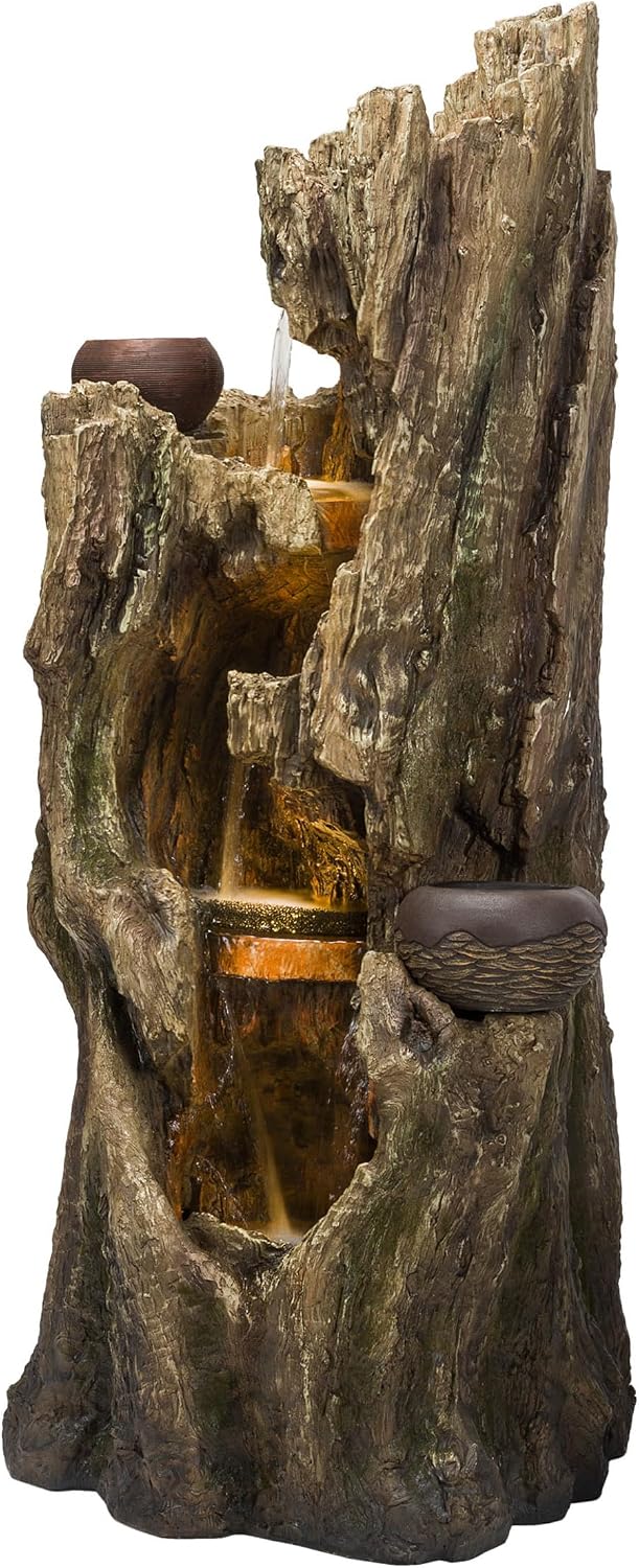 Alpine Corporation WIN1530 Indoor/Outdoor Floor Waterfall, Tree Trunk Fountain w/LED Lights & 2 Flower Pots, 52', Brown