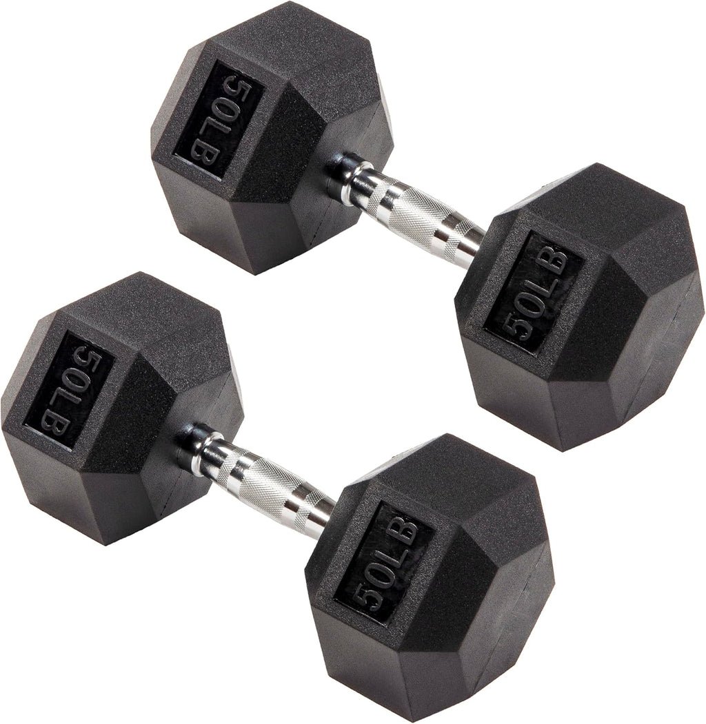 Signature Fitness Rubber Coated Hex Dumbbells Hand Weights for Exercises and Fitness Home Gym, 5-50 lbs, Pairs
