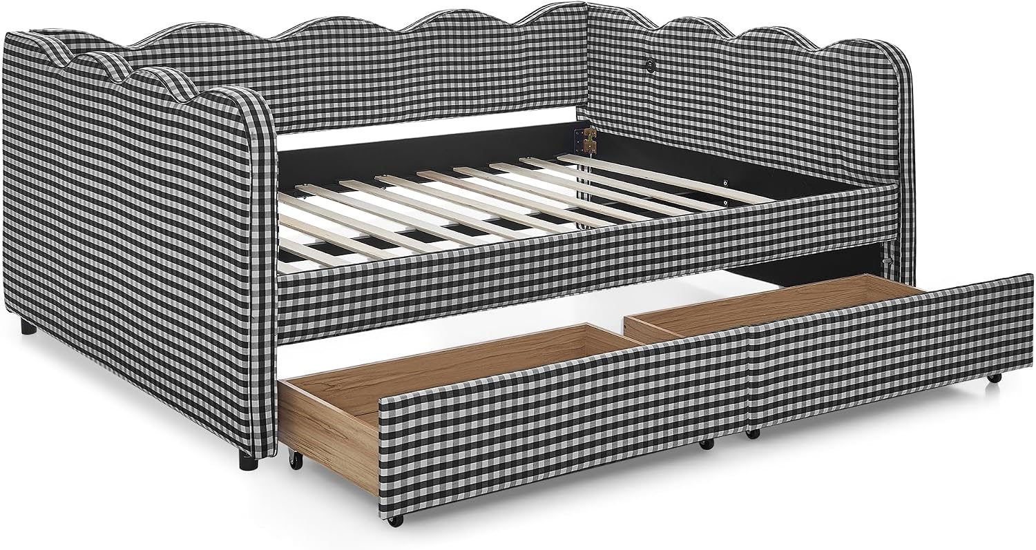 DEINPPA Full Size Upholstered Daybed with 2 Storage Drawers, Gingham Daybed with USB Ports for Bedroom Living Room Guest Room-Black