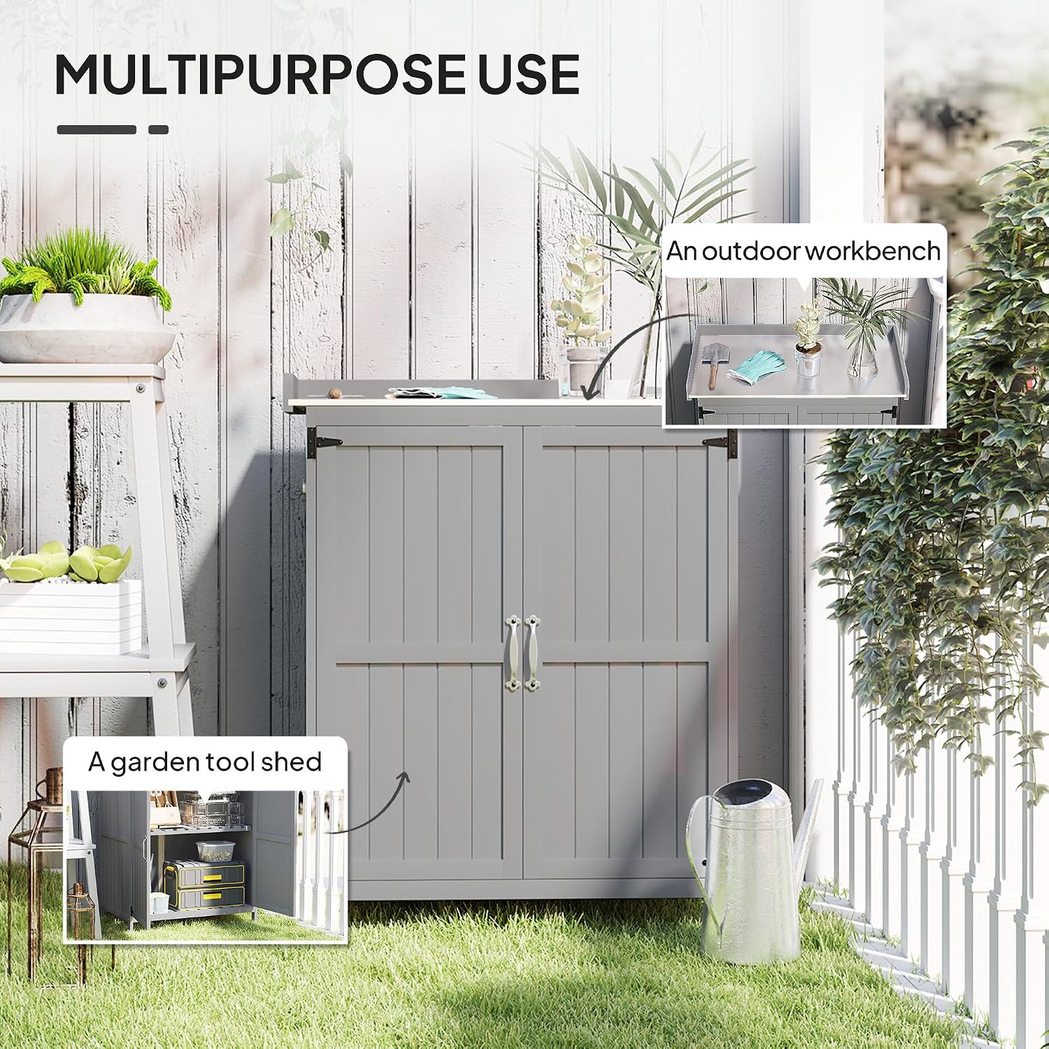 Garden Potting Workstation–2-Door Storage Cabinet,Gray | Weatherproof Metal|Side Hooks|All-Weather Fir Wood|220LBS Tabletop|Outdoor Patio,Garden,Garage