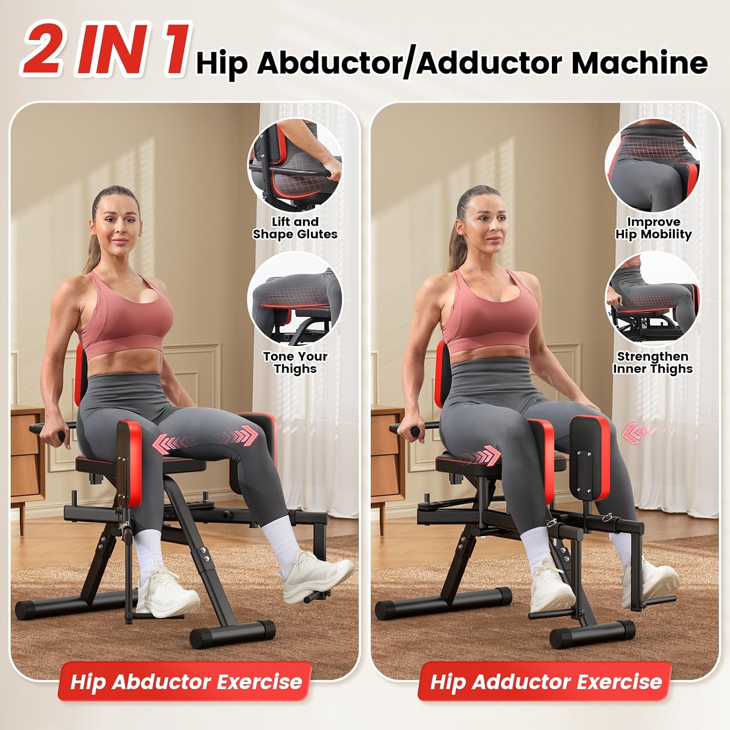2-in-1 Hip Abductor & Adduction Machine for Home Gym, Glute Machine & Thigh Workout Equipment with 6-Level Resistance and Enlarged Padding Seat, Compact Leg Exercise Euipment for Women & Men