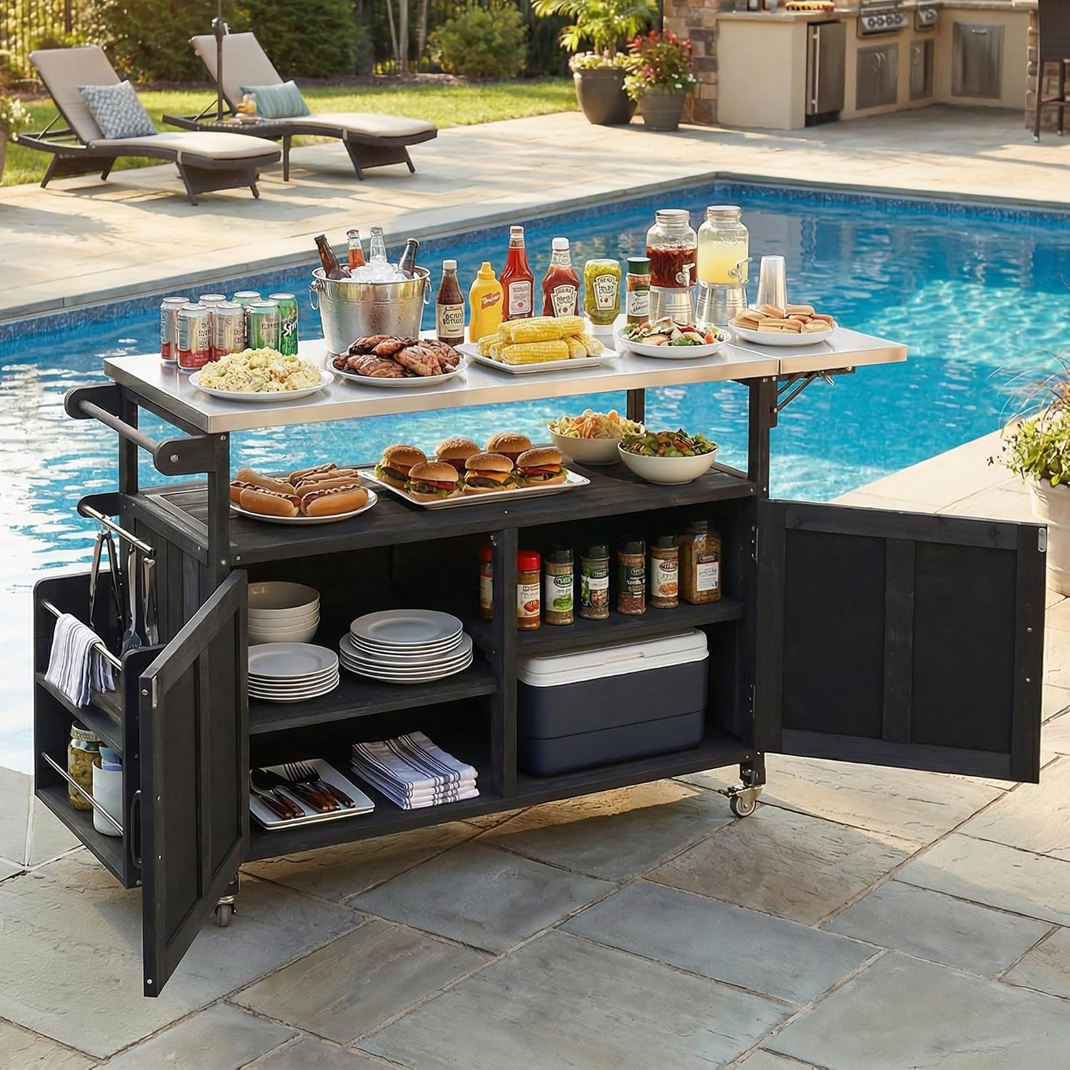 60.6' Outdoor Kitchen Island with Storage Cabinet, Solid Wood Grill Table Cart with Foldable Stainless Steel Top, Wheels and Adjustable Shelves, Outdoor Cooking Table for BBQ, Food Prep, Black