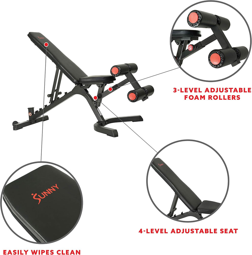 Sunny Health & Fitness Adjustable Weight Bench for Home Gym Strength Training, Incline/Decline, Multi-Position, High Weight Capacity