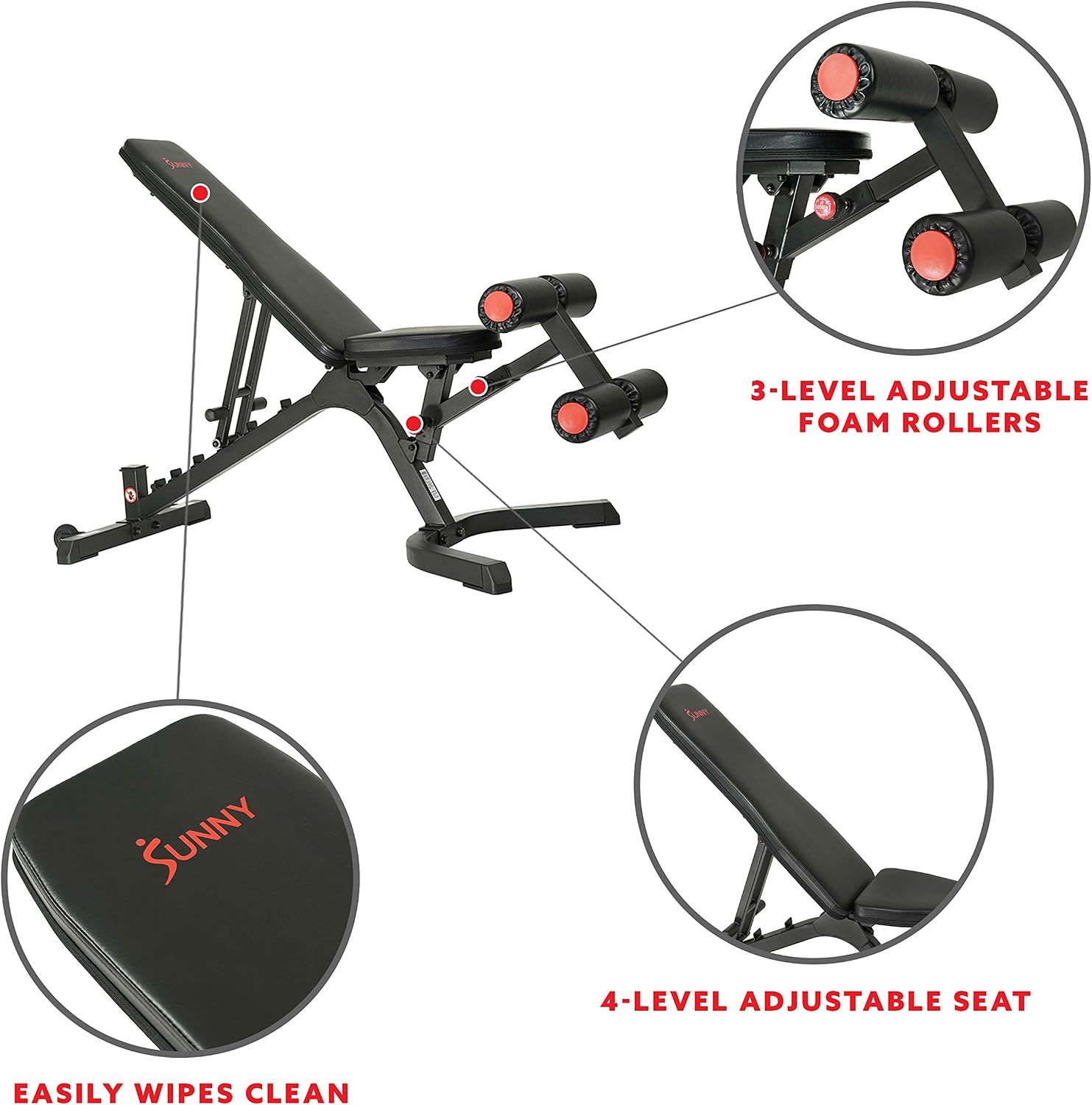 Sunny Health & Fitness Adjustable Weight Bench for Home Gym Strength Training, Incline/Decline, Multi-Position, High Weight Capacity
