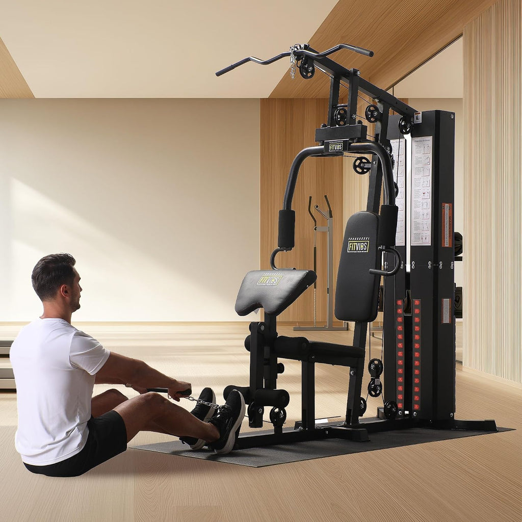 BalanceFrom Multifunctional Steel Frame Home Gym Machine with Floor Mat – Strength Training Workout Station with 160-Pound Weight Stack, Lat Pull & Low Row Bars, 4-Roll Leg Developer & Press