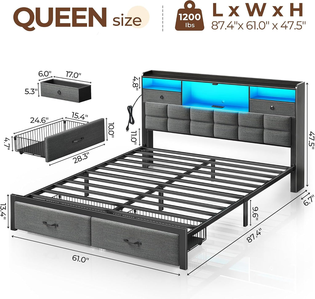 Rolanstar Bed Frame Queen Size with Drawers and Charging Station, Upholstered Platform Bed with Storage Headboard and LED Light, Heavy Duty Metal Frame Support, No Box Spring Needed, Noise Free, Grey