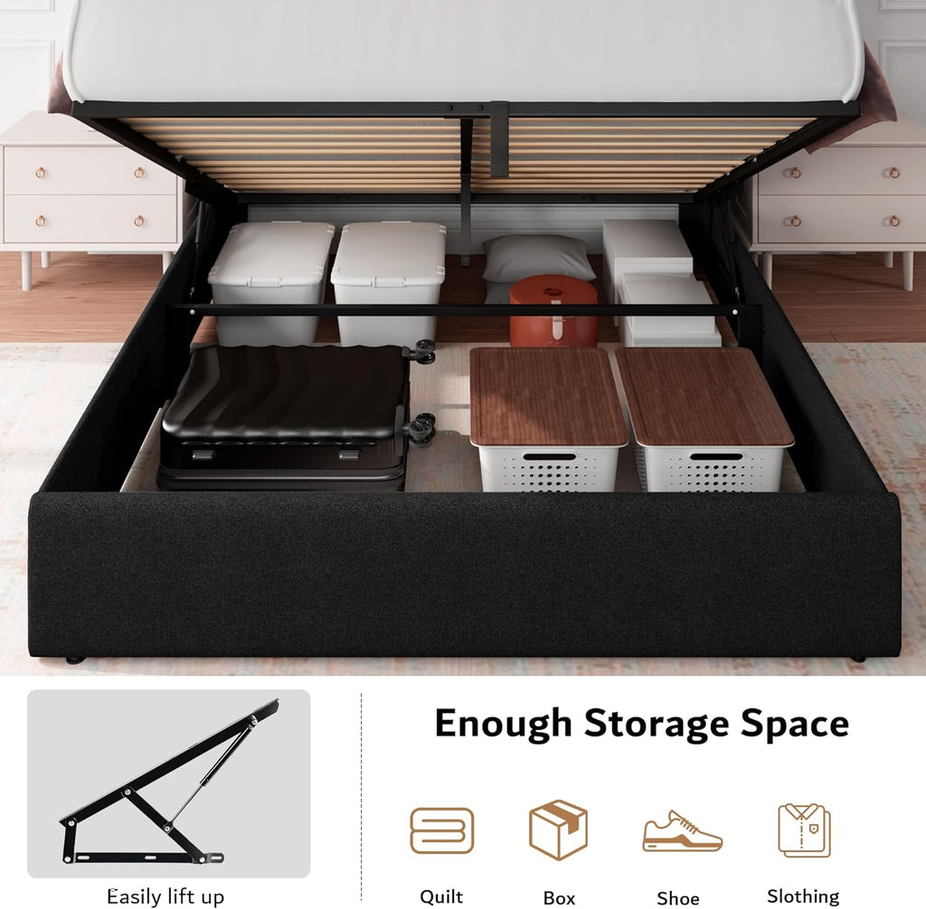 iPormis Full Size Lift Up Storage Bed Frame with Charging Station, Upholstered Platform Bed Frame with Linen Headboard, Hydraulic Storage, No Box Spring Needed, Noise-Free, Easy Assembly, Black