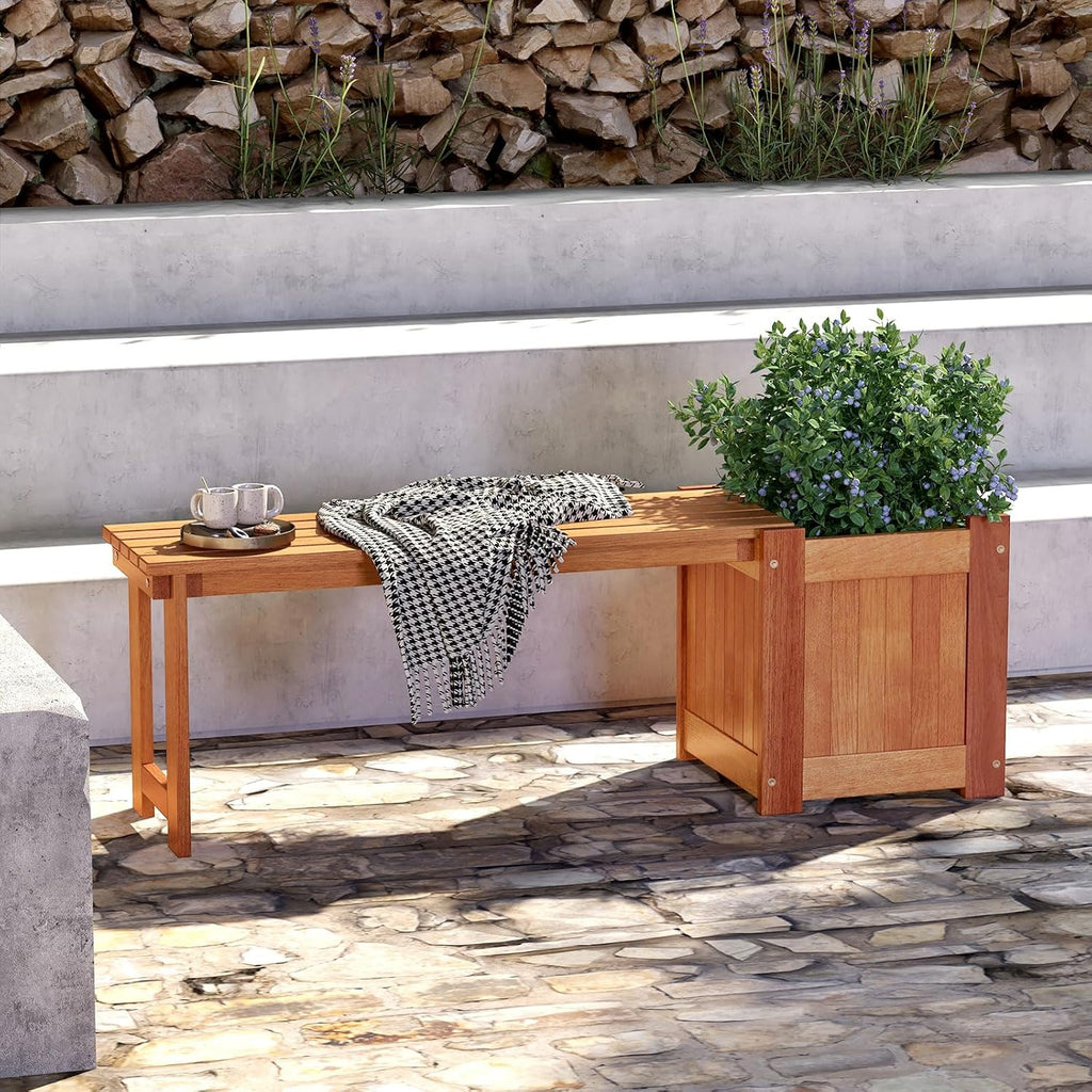 2 Benches with Planter Boxes, 2 in 1 Wooden Flower Box Kit with Seat, Open-Ended Base & Slotted Construction, Outdoor Plant Container for Garden, Yard, Balcony (Natural)