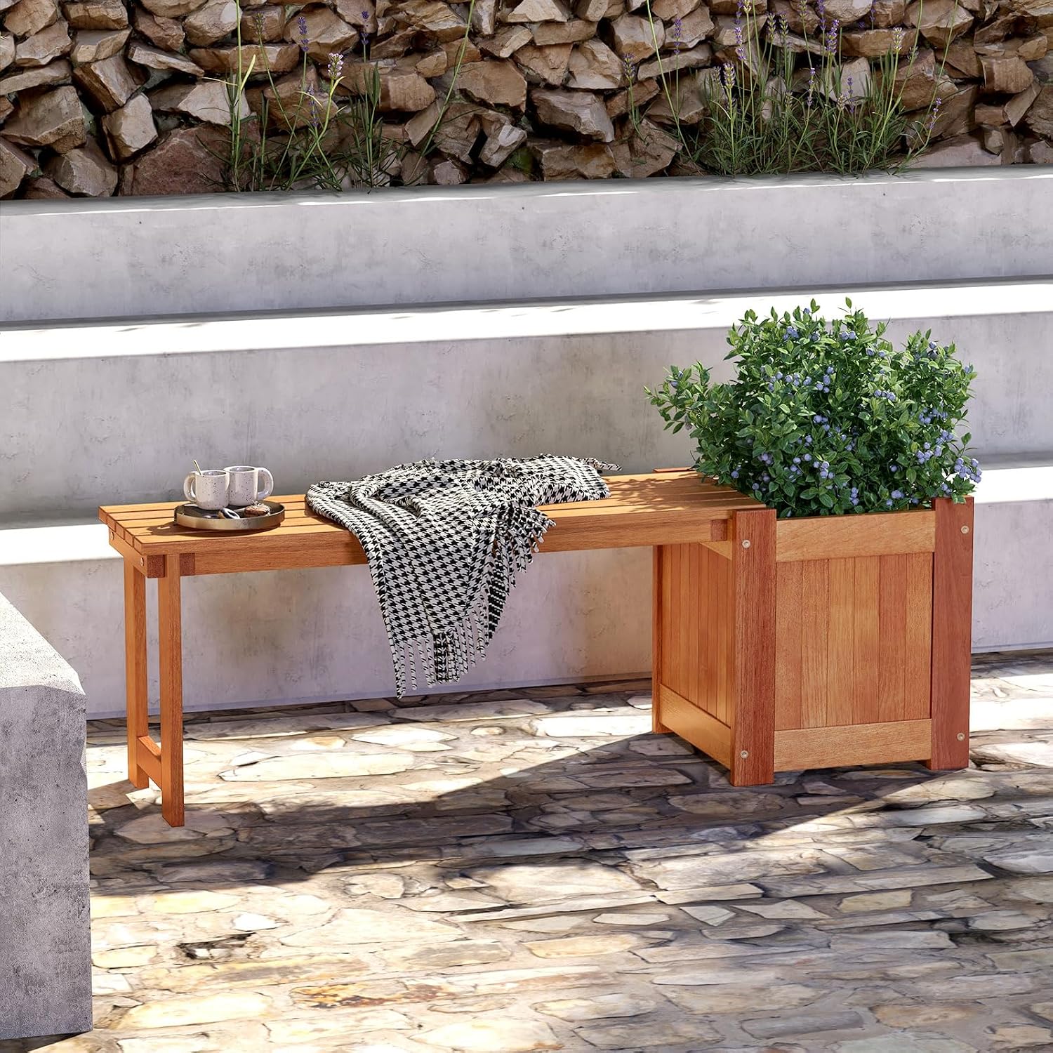 2 Benches with Planter Boxes, 2 in 1 Wooden Flower Box Kit with Seat, Open-Ended Base & Slotted Construction, Outdoor Plant Container for Garden, Yard, Balcony (Natural)