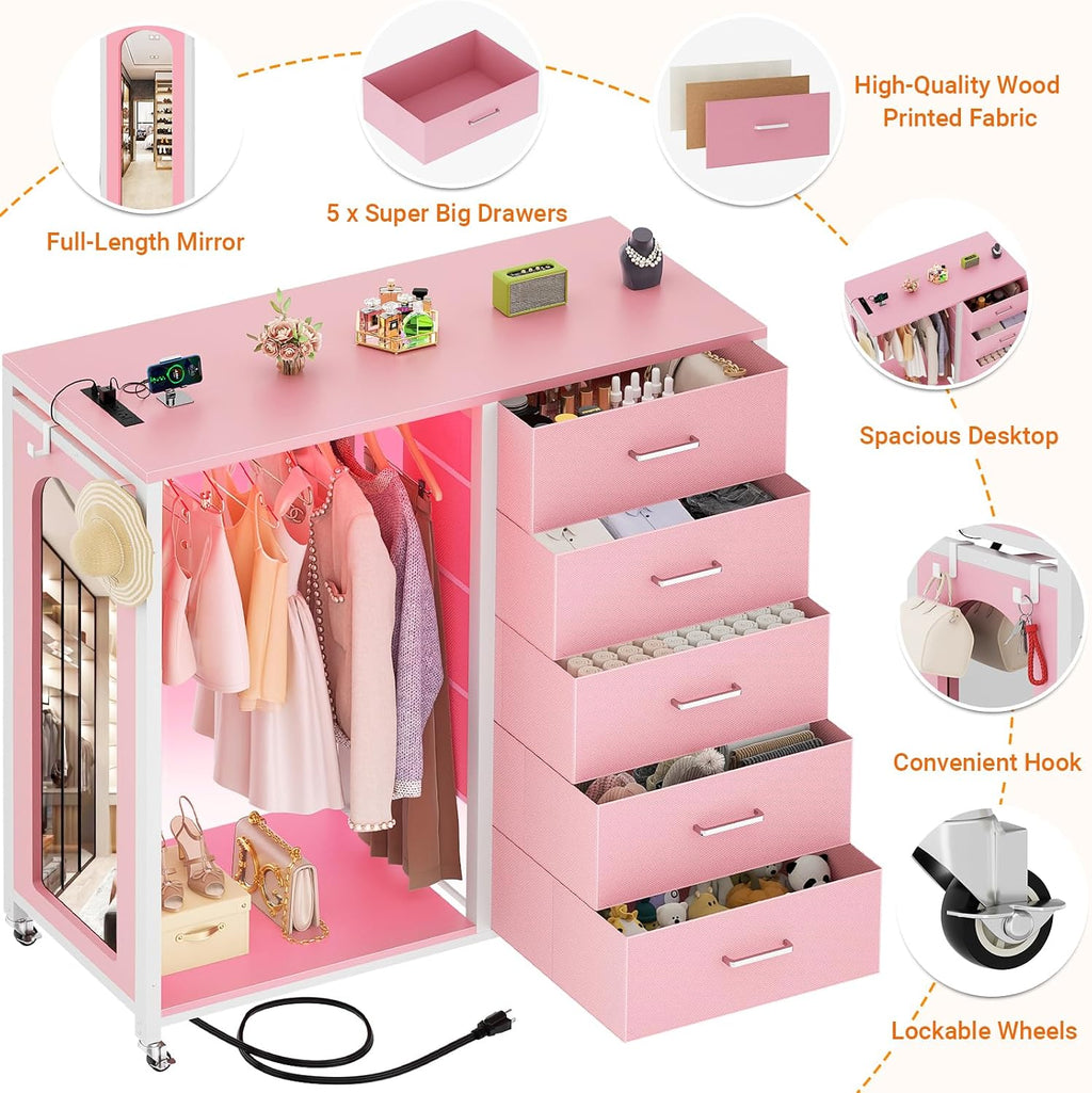 Cyclysio Dresser for Bedroom with Clothes Rack & Mirror, 5 Fabric Drawers Dresser with Charging Station & LED Lights, Rolling Chest of Drawers with Wheels, Full Length Mirror, Wooden Top, Closet