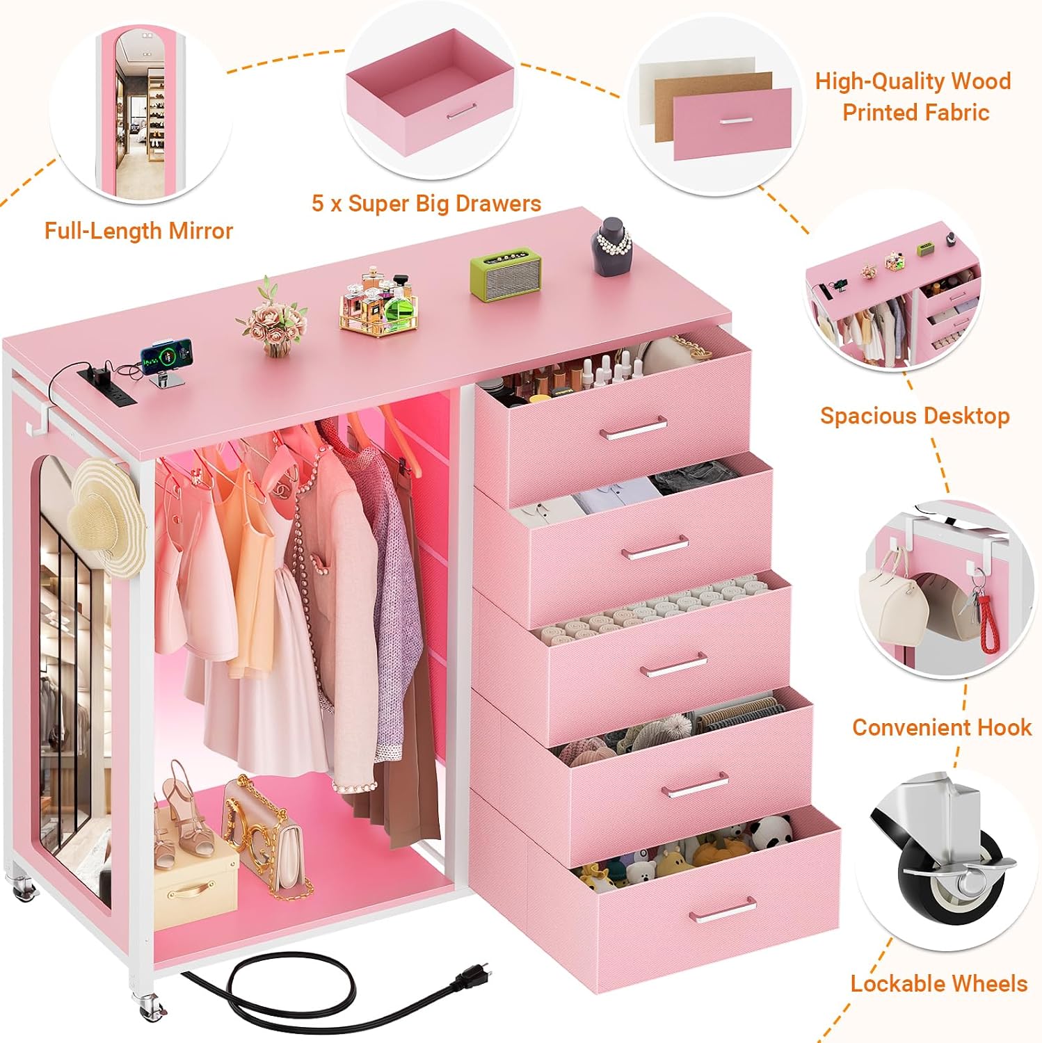 Cyclysio Dresser for Bedroom with Clothes Rack & Mirror, 5 Fabric Drawers Dresser with Charging Station & LED Lights, Rolling Chest of Drawers with Wheels, Full Length Mirror, Wooden Top, Closet
