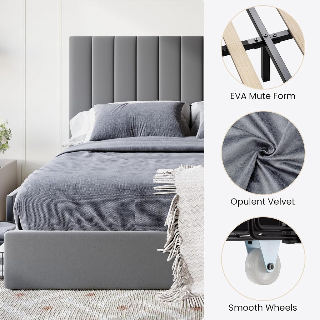 SHA CERLIN Full Size Platform Bed Frame with 4 Storage Drawers, Vertical Channel Tufted Adjustable Headboard, Velvet Upholstered, Wooden Slats Support, No Box Spring Needed, Easy Assembly, Grey