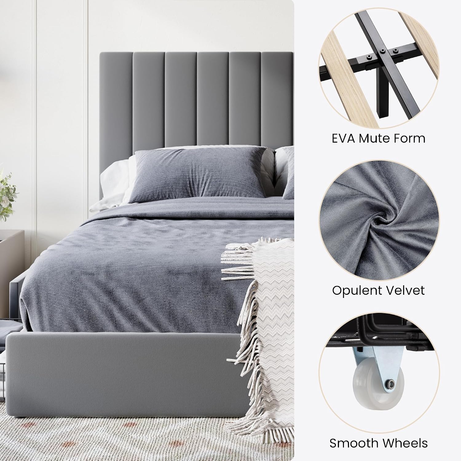 SHA CERLIN Full Size Platform Bed Frame with 4 Storage Drawers, Vertical Channel Tufted Adjustable Headboard, Velvet Upholstered, Wooden Slats Support, No Box Spring Needed, Easy Assembly, Grey